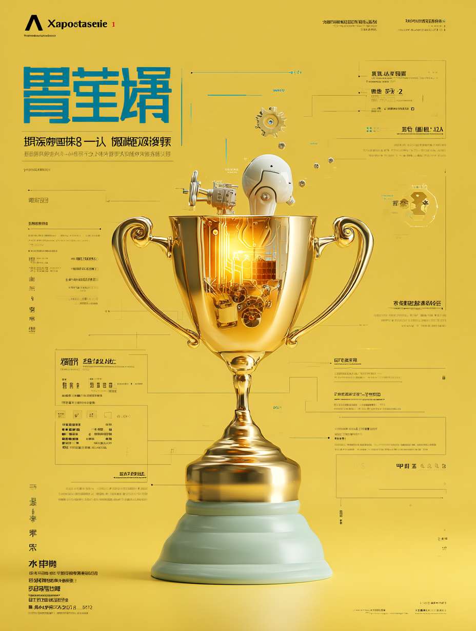企业科技活动海报,超高质量,8K分辨率,大师级设计,信息可视化。
**核心主题**:标题“模型擂台赛”和副标题“8.22正式启动”必须以巨大、清晰、精美的立体字形式置于海报顶部,使用深蓝色(#0A2463)。
**构图与布局**:海报采用清晰的网格布局,将信息分块处理,避免拥挤。背景为明亮活力的淡黄色(#FFF9C4)。
**中央视觉元素**:一个发光的金色奖杯,奖杯杯身内嵌一个由电路板和齿轮构成的AI大脑模型,象征智能竞赛。奖杯基座上刻着“AI”字样。
**环绕信息块**:奖杯周围分布着六个清晰的、带有图标的信息框,每个框内容如下:
1. 【团队图标】+ “参赛对象:科技条线员工,1-3人组队”
2. 【赛题图标】+ “赛题:公共赛题(反洗钱)| 自选命题”
3. 【评分图标】+ “评分:应用价值(40%)、技术创新(30%)、落地可行(30%)”
4. 【日历图标】+ “关键日期:报名8.28 | 审核9.1 | 提交9.19 | 答辩9.26 | 公示9.30”
5. 【评委席图标】+ “评委:王若愚、谢治国、李涛 及AI专家团”
6. 【报名图标】+ “报名:联系数据管理部 吴倪宇”
**底部信息**:海报底部横幅显示口号“赋能AI技术 · 解决业务痛点”。
**风格**:现代扁平化设计,混合轻微的霓虹发光效果。信息图表化,布局开阔,有呼吸感。
**色调**:主色调-淡黄(#FFF9C4)。辅助色-深蓝(#0A2463)、金色(#FFD700)、白色(#FFFFFF)。信息框使用半透明白色,文字使用深蓝色。
**氛围**:专业、权威、创新、激励。 --ar 3:4 --v 7 --style raw --stylize 100 --fast --no 水印