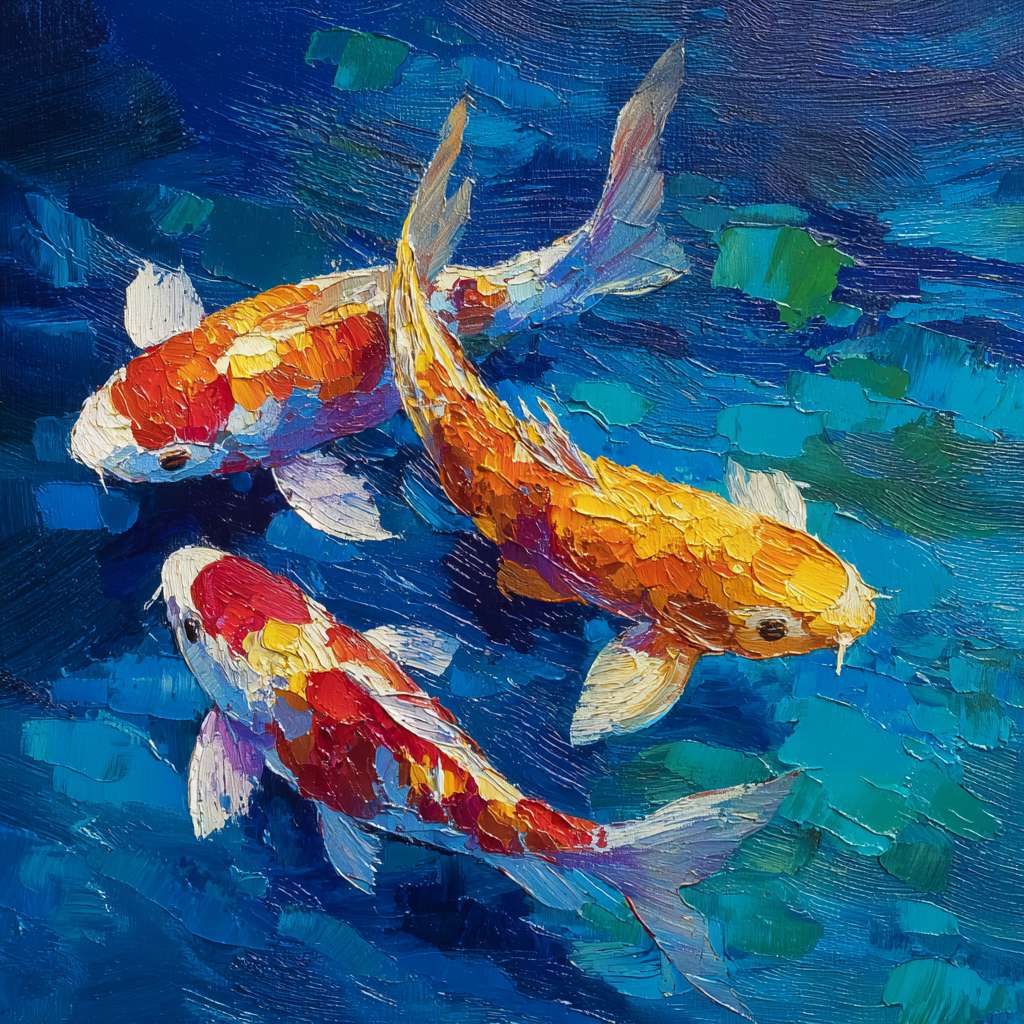 Vibrant underwater dance: deep blue water, 五彩光影，and energetic koi, thick strokes for water’s turbulence, thin strokes for fish scales, oil. --ar 1:1 --v 7 --stylize 100 --fast --no 水印
