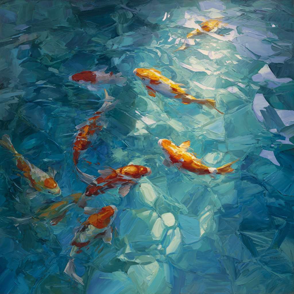 Dreamlike blue water with fractured light patterns and koi in motion, expressive brushwork capturing life and light, oil. --ar 1:1 --v 7 --stylize 100 --fast