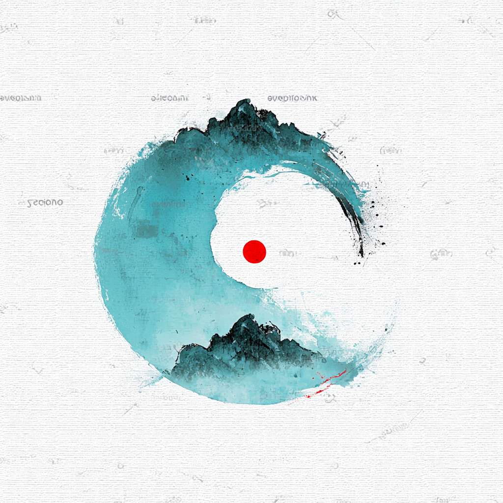 "Circular logo, a minimalist ink-wash Tai Chi symbol in cyan and black, surrounded by faint mountain silhouettes, red dot in Tai Chi center, white background, Chinese Zen style, clean and serene, no text, high resolution, vector style, no text, no watermark" --ar 1:1 --v 7 --stylize 100 --fast
