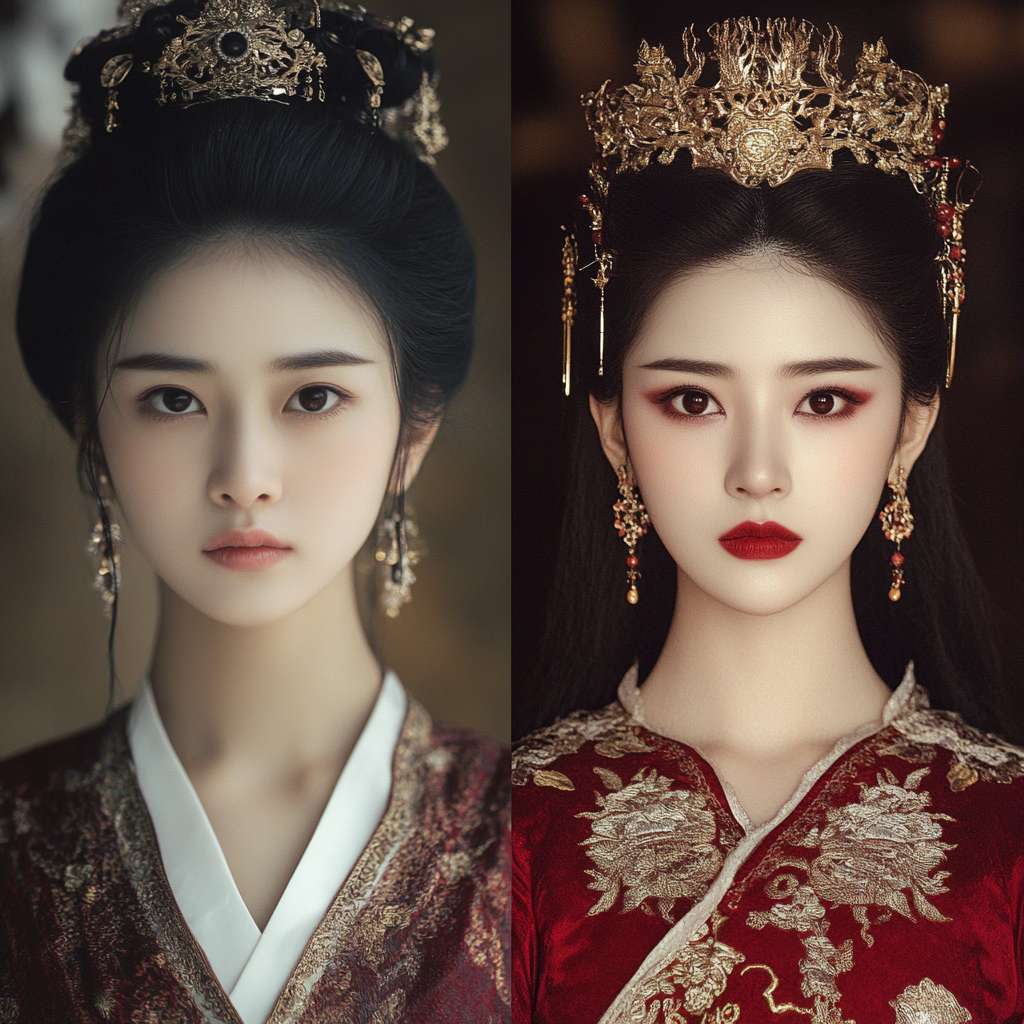 甄嬛前后对比（左：初入宫时素衣淡妆 / 右：封后时华服红唇，眼神凌厉）要真人的 --ar 1:1 --v 6.1 --stylize 100 --fast