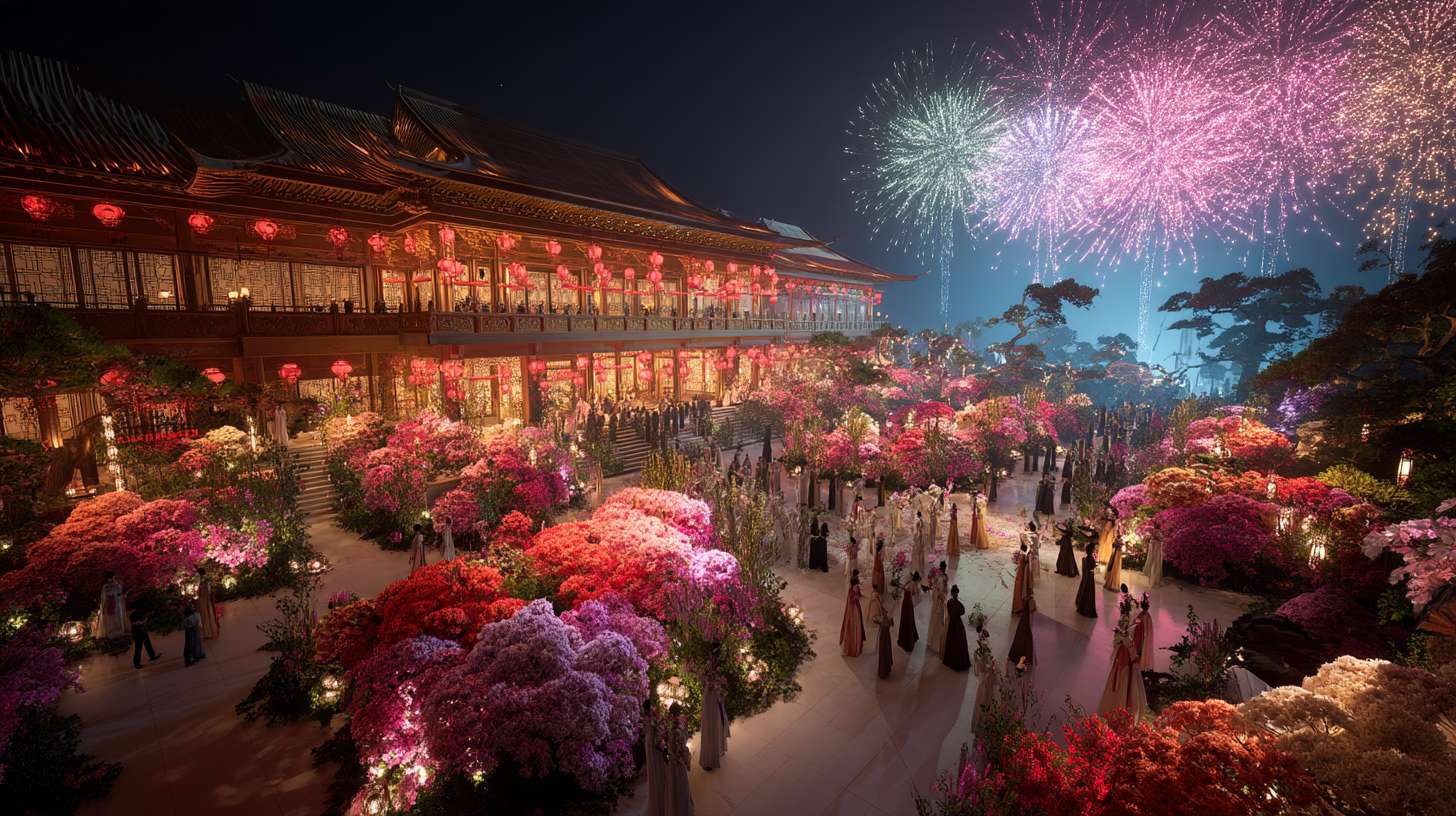 Unreal Engine 5 rendering, in this awe-inspiring scene of the ancient Luoyang Flower Festival, the composition centers on a vast sea of blooming peonies, surrounded by ancient-style pavilions, buildings, and winding corridors adorned with countless red lanterns, while the night sky is continuously lit up by colorful fireworks, the foreground features a celebrating crowd dressed in elegant Hanfu singing and dancing, the middle ground includes traditional Chinese architecture such as eaves-cornered pavilions, and the background blends deep blue starry skies with brilliant fireworks, in terms of color, vibrant reds, golds, and greens dominate, symbolizing luck and wealth, with the pink and white of the flowers sharply contrasting with the warm yellow of the lanterns, and the multicolored lights of the fireworks adding dynamic color variations, the lighting effects are exquisitely detailed, the soft glow from the lanterns casts warm shadows on people's faces and the ground, while the explosive flashes of fireworks create dazzling halos, contrasting with the cool moonlight to enhance the image's depth and dynamism, the entire scene is bustling and lively, with lanterns swaying gloriously, fireworks sparkling brilliantly, and the crowd cheering incessantly, as if transporting the viewer into a dreamlike ancient prosperous era filled with the charm of Chinese elements. --ar 16:9 --v 7 --c 20 --quality 4 --stylize 100 --fast