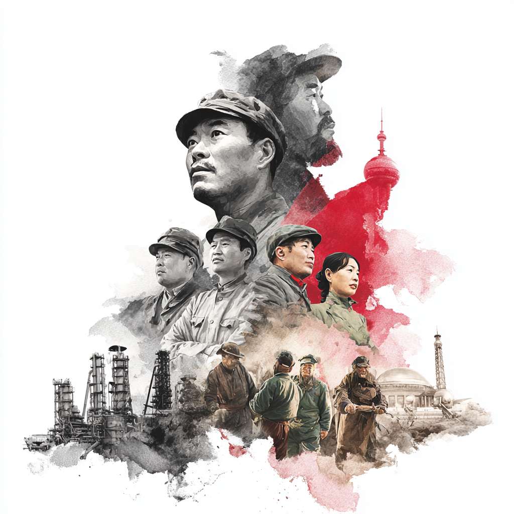 描述从战争到和平的场景，图片自下而上是从黑白到彩色渐变。下边是董存瑞、杨靖宇、江姐、小萝卜头、赵一曼的形象，这些形象在战争背景下，画面中部是解放后生产的场景，如红旗渠生产，王进喜在油田上，画面上部是现代化的高铁、东方明珠、香港标志性建筑。画面清晰，高分辨率，插画风，大气，有历史感 --ar 1:1 --v 7 --stylize 100 --fast --no 水印