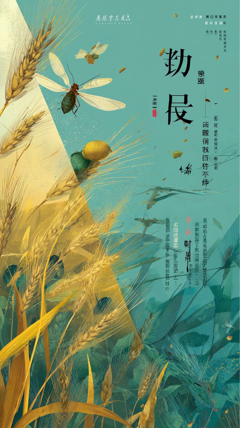 海报主题：一张芒种的海报
标题： “忙有所得，种有所获”苍劲有力的书法体
视觉主体： 六边形蜂窝结构组成麦田俯视图，几何线条勾勒的收割机与雨燕穿插其中。中心镂空圆形窗格内展示青梅特写，背景渐变青黄双色碰撞，标语“忙有所得，种有所获”采用无衬线字体错落排版。
风格：现代几何风
核心元素： 低多边形麦穗阵列, 机械感农具线条, 透明质感雨滴, 酸性设计青梅图形
动态建议：可添加麦浪微动效（线上版）
配色方案：琥珀黄， 釉蓝 --ar 9:16 --v 7 --stylize 100 --fast --no 水印