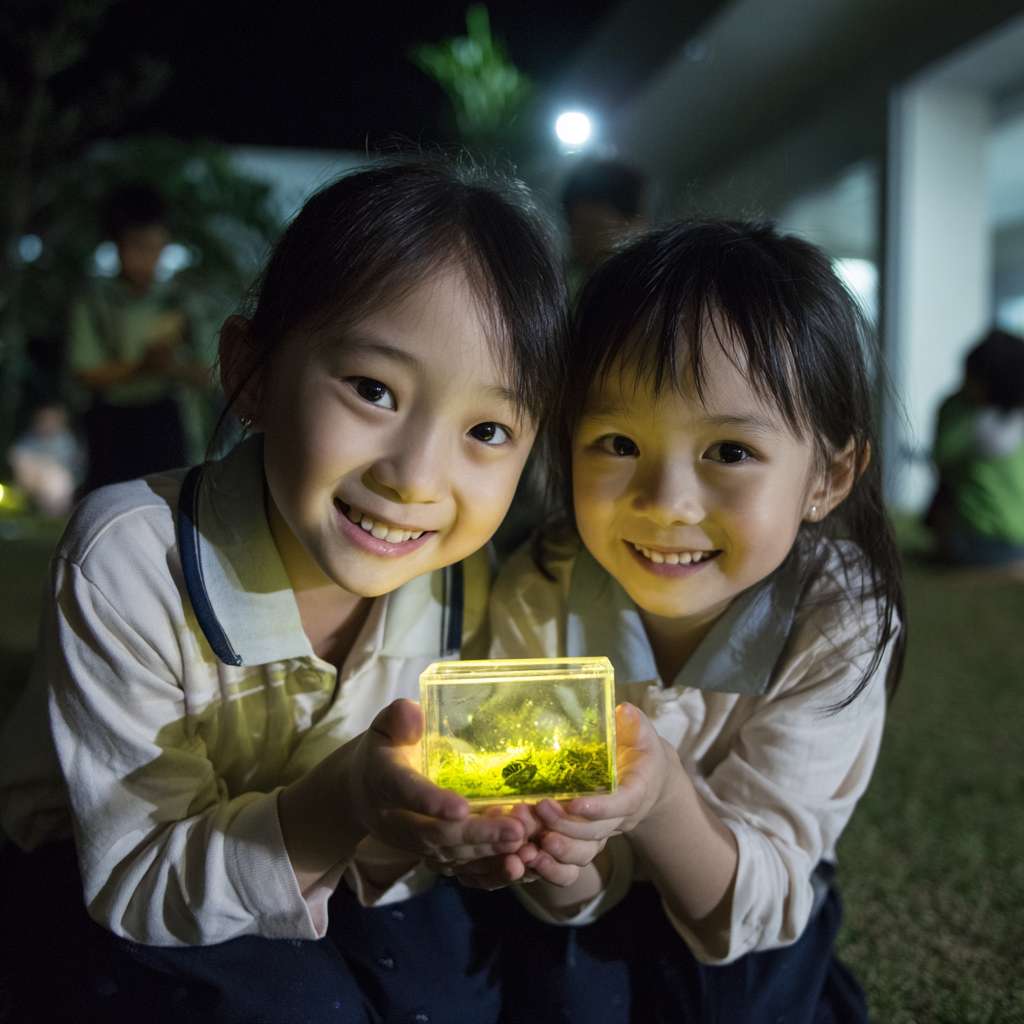 有2位穿著校服的華人小學生開心的表情雙手托起一個螢火蟲的正方體透明小盒子，盒子內的螢火蟲在青苔上發光 --ar 1:1 --v 7 --stylize 100 --fast --no 水印