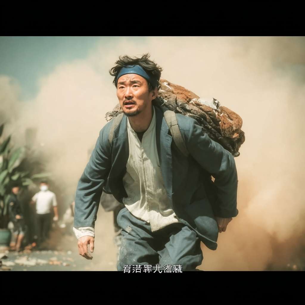 https://img-xpc-mj0.xpccdn.com/prod/upload/0d2605c7-ff98-420e-8159-cf12b93c3f7b/bc9a9ab4-c44c-432b-9f6c-6ab7c367ed76.png~tplv-5yakomv5zn-auto-v1%3A1024%3A0%3Aq75.jpg 景别：中景
画面内容：李善德穿着官服却背着双肩包，在街道上狂奔，表情焦急。
运镜方式：跟拍
画面风格：延续青灰色调，增加奔跑扬起的尘土特效 --ar 1:1 --v 7 --stylize 100 --fast --iw 1 --no 水印