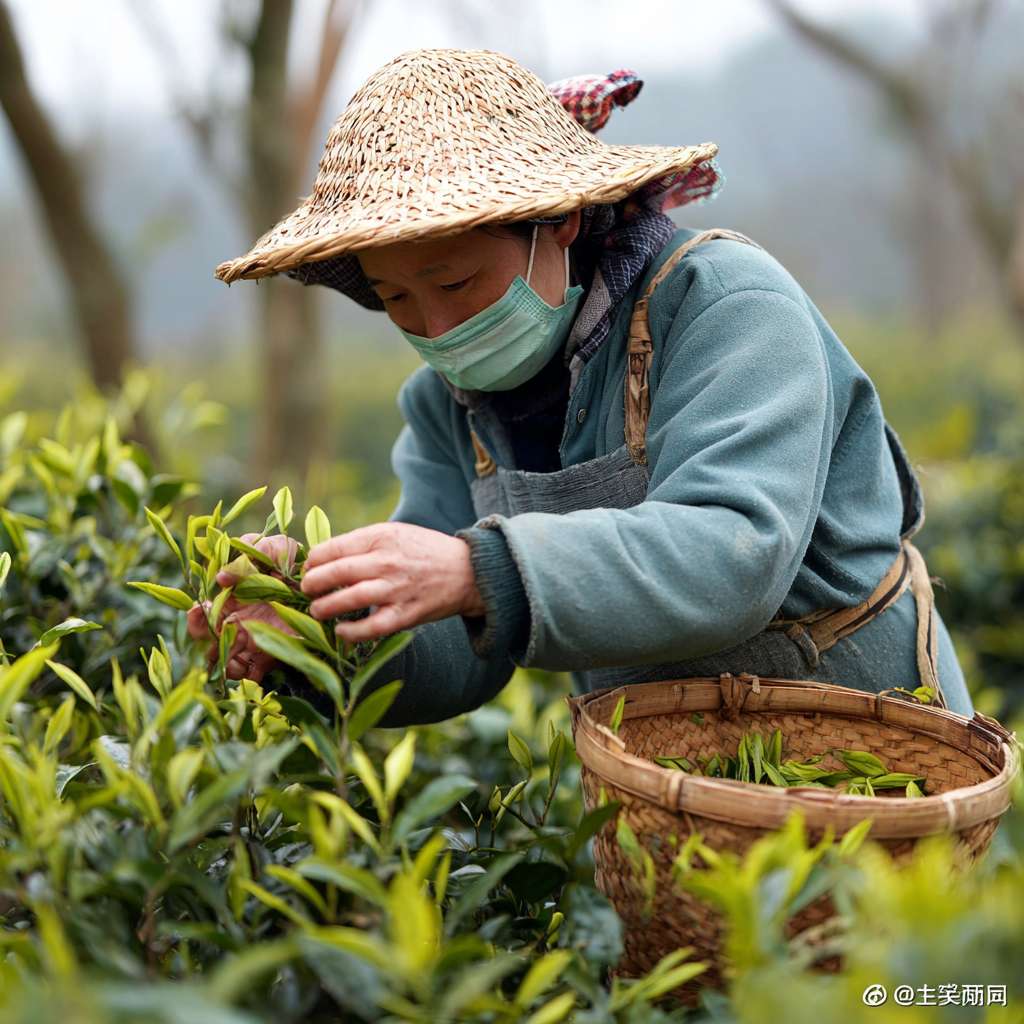 身着素雅布衣、头戴斗笠或裹着头巾的采茶女，在晨雾或春光中，灵巧的手指如蝶般在茶树枝头翻飞，精准地采摘“一芽一叶”或“一芽二叶”初展的嫩芽。身边挎着竹篓或茶篮。 --ar 1:1 --v 7 --stylize 100 --fast --no 水印