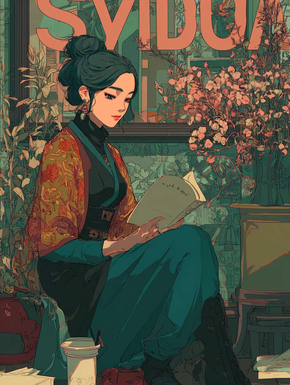 一个女人坐着阅读《悉达多》 --ar 3:4 --v 7 --stylize 100 --fast --no 水印