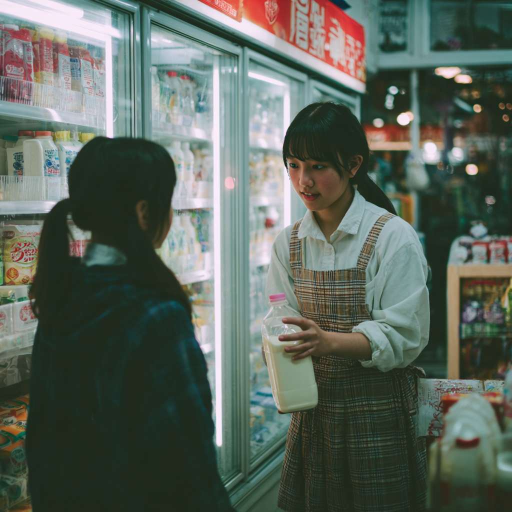 . 女孩、便利店老板娘
• 地点：清晨的便利店
• 事件：穿校服的女孩因钱不够在冰柜前犹豫，40 + 岁系围裙的老板娘察觉后，默默拿起一瓶热牛奶拧开递上，女孩接下牛奶。 --ar 1:1 --v 7 --stylize 100 --fast --no 水印