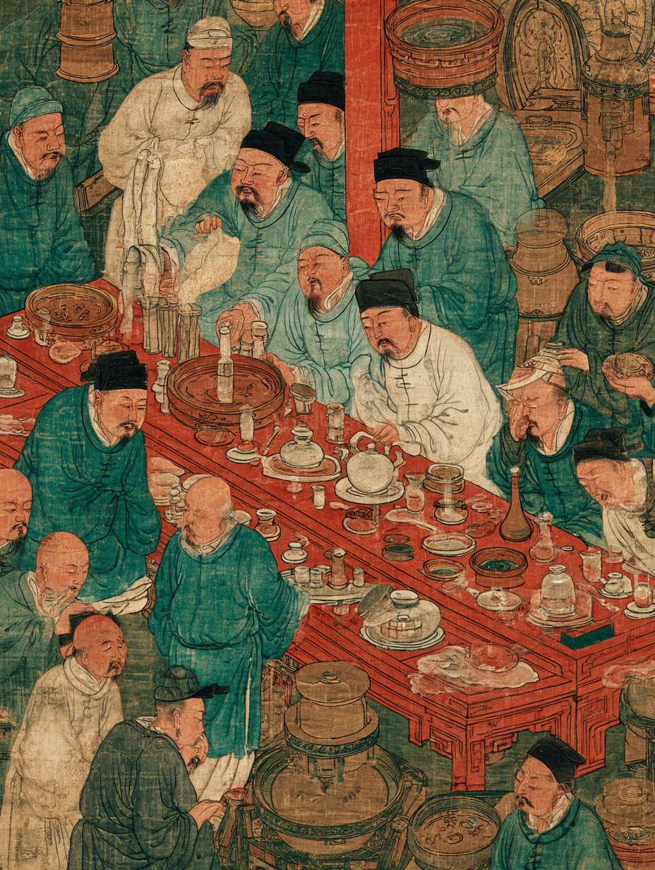宋代茶馆内客人因饮水问题不适场景，客人腹痛表情，郎中诊治，茶馆老板愧疚赔罪，茶具和水源特写，中国传统医学元素，青绿色调 --ar 3:4 --v 7 --stylize 100 --fast --no 水印