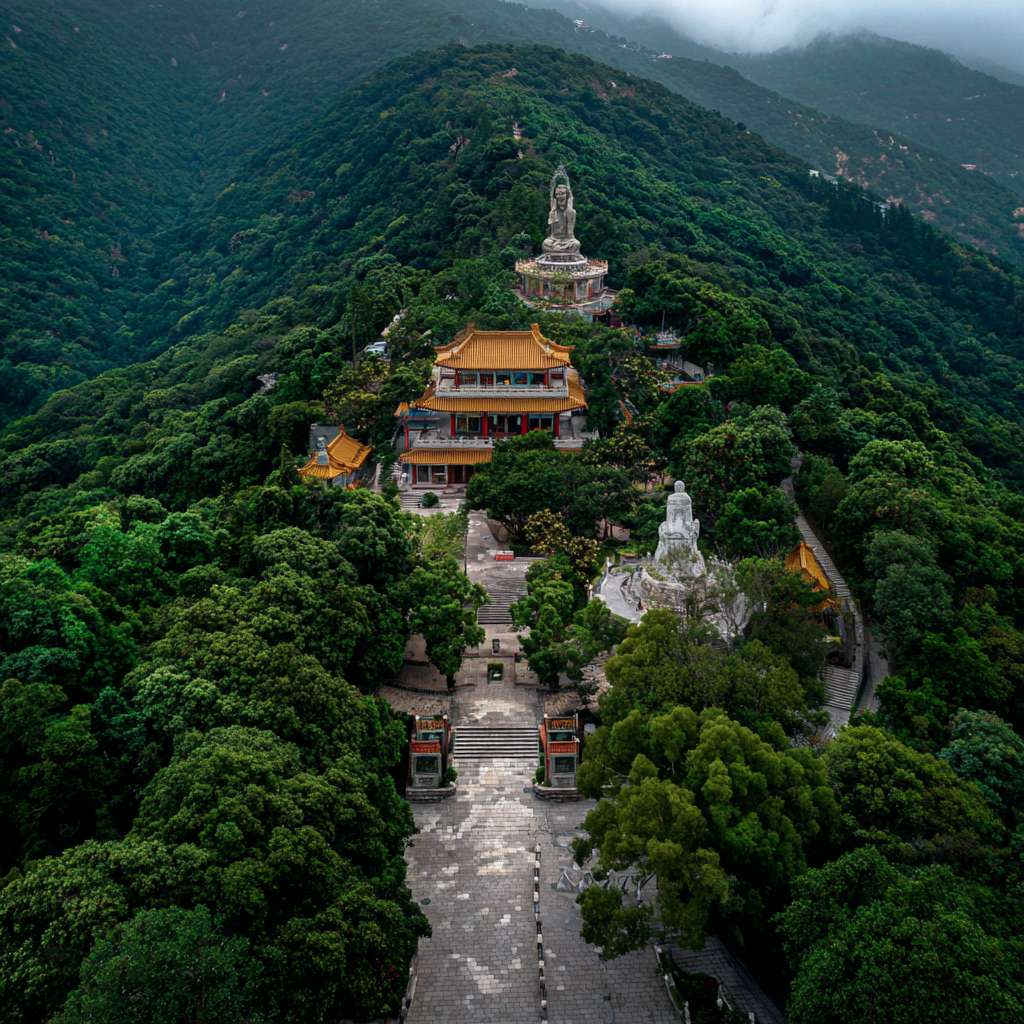 爬山朝拜图，周围苍翠的山林，庙宇屋顶隐约其中，夹道有禅意雕塑，路面上有佛教咒语标识 --ar 1:1 --v 7 --stylize 100 --fast --no 水印