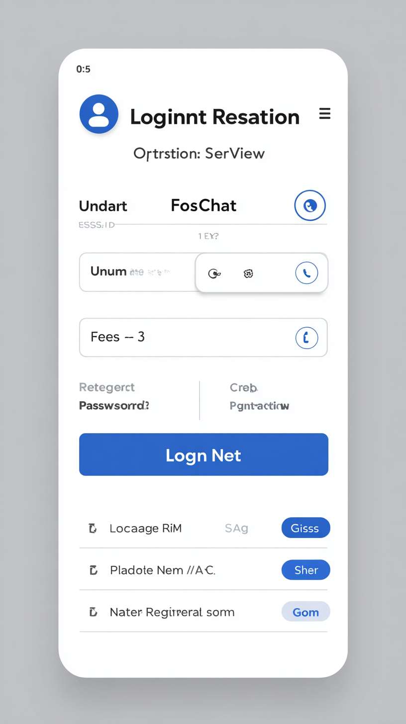 Optimized Login & Registration Screen
1. Design Overview
A unified mobile interface for user authentication, featuring a minimalist flat design. The default state is the Login View, with a seamless transition to the Registration View via a bottom link. The entire process is contained within a single, centered white card with smooth transitions.
Visual Style:
Background: Light Gray (#F5F5F5)
Primary Container: Centered white card with rounded corners
Primary Color: Blue (#2196F3)
Top Branding: Circular app icon + "Instant Chat" title in bold black
2. Login State (Default View)
Username/Phone Field:
Left: Person outline icon
Placeholder: "Username/Phone"
Right: "Eye" icon for password visibility toggle
Password Field:
Left: Lock icon
Placeholder: "Password"
Action Elements:
"Forgot Password?" link (blue, above login button)
Large blue "Login" button with white bold text
Bottom toggle: "No account?" (gray) + "Register Now" (blue)
3. Registration State
Phone Number Field:
Left: Phone icon
Placeholder: "Phone Number"
Verification Code Field:
Left: SMS icon
Placeholder: "Verification Code"
Right: "Get Code" button (blue) with countdown timer
Password Fields:
Two password fields with lock icons
Placeholders: "Set Password" and "Confirm Password"
Real-time password match validation
Eye icons for visibility toggle
Action Elements:
Large blue "Register" button with white bold text
Bottom toggle: "Have an account?" (gray) + "Login Now" (blue) --ar 9:16 --v 7 --stylize 100 --fast