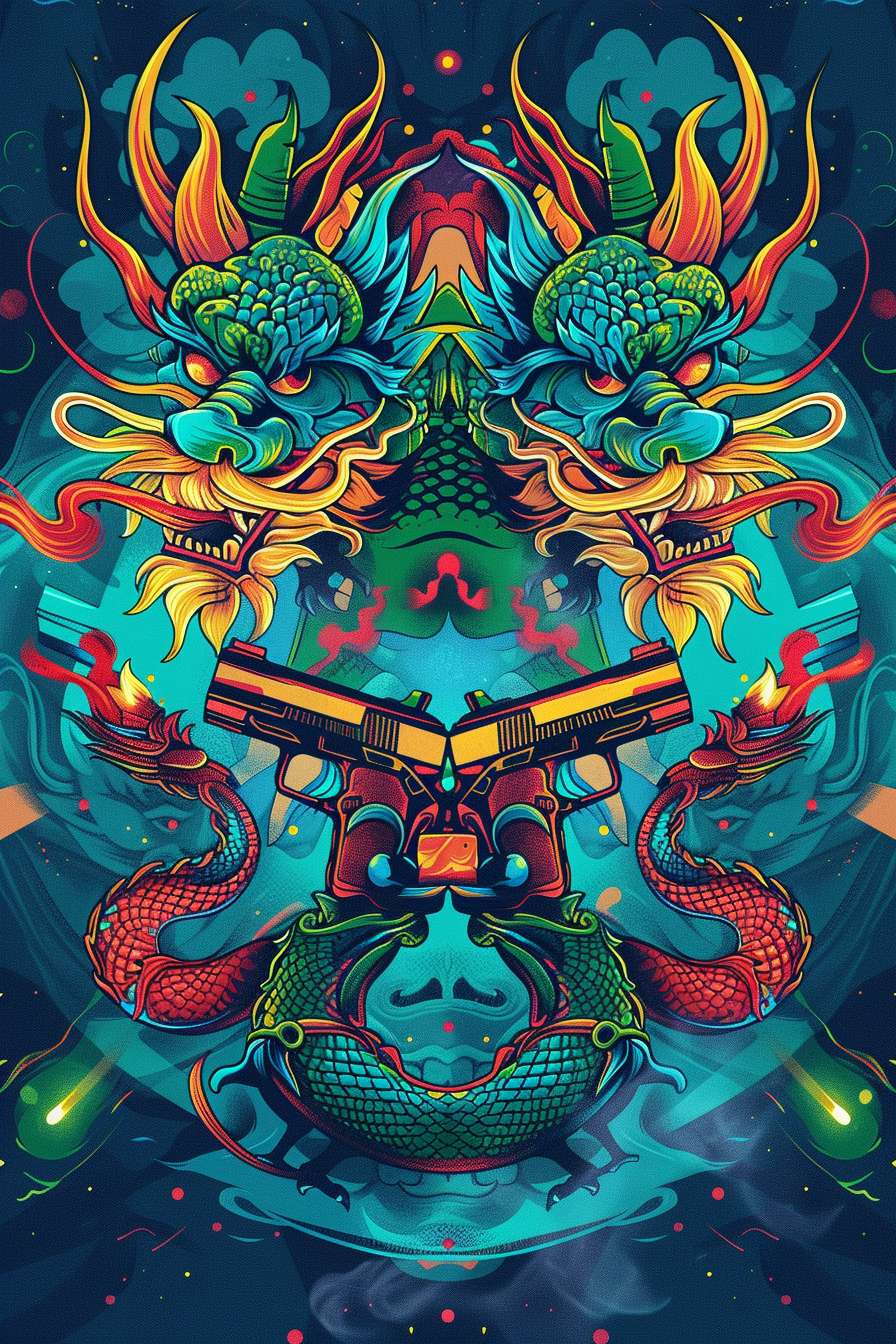 ### **命令1:核心图腾对撞版**(适合前胸大图)
```prompt
T-shirt design front, Chinese dragon king and Thailand naga snake facing each other, crossed IPSC pistols between them, blue cyan gradient background with glowing particles, silk screen print style, flat vector illustration, bold outlines, cultural fusion art --ar 2:3 --v 6 --style raw --stylize 100 --fast