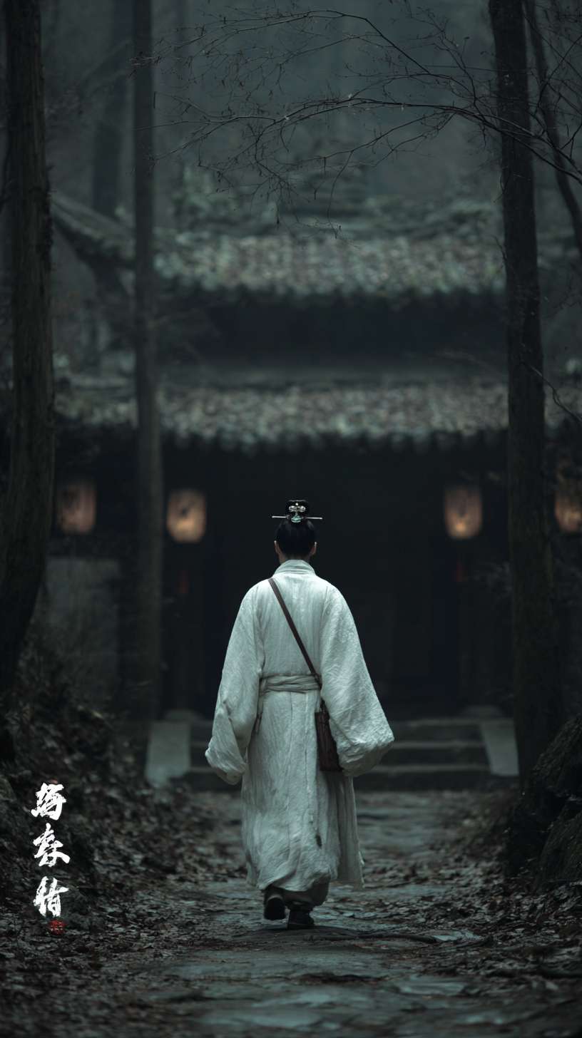 在深山里面，月光照亮着地面，一个身着白色衣服的书生，背着书箱，簪子盘着头发，外面下着雨比较阴暗，前面有点远的地方是一座破败的寺庙，背向镜头，远景镜头，写实一些的风格 --ar 9:16 --v 7 --stylize 100 --fast --no 水印
