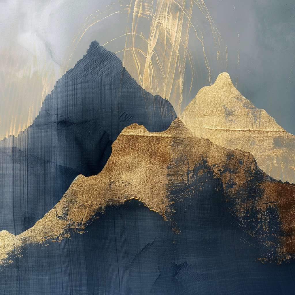 Abstract interpretation of Taoist mountain silhouette 
using gradient ink wash textures, 
faint golden thread weaving through, 
no text, modern Zen aesthetic --ar 1:1 --v 6 --stylize 100 --fast