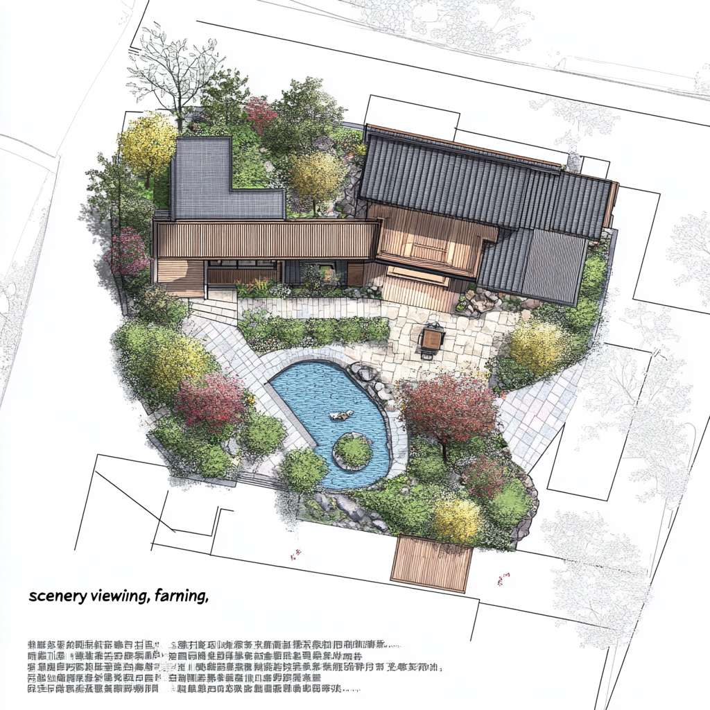 请根据以下描述生成一个建筑平面图。一、庭院功能分区与动线规划
1. 前院(迎宾景观区)
尺寸:4m×8m(靠近主入口)
核心元素:
中式门廊:悬挑1.5m宽灰瓦檐廊,地面铺青石板,设木质长凳供休憩。
曲径通幽:鹅卵石拼花小径(宽0.8m)蜿蜒至入口,两侧种植修水本地毛竹、蕨类。
水景点睛:利用小溪活水引入小型叠水景(宽1m×长2m),配石磨盘流水装置。
2. 侧院(实用功能区)
功能复合:
农具收纳:竹篱笆围合2m×3m工具间,顶部攀缘凌霄花遮阳。
晾晒区:防腐木平台(3m×3m),配可收放晾衣绳。
3. 后院(私密休闲区)
设计要点:
亲水平台:防腐木搭建挑台(4m×3m)延伸至溪边,设固定藤编桌椅。
生态菜园:阶梯式种植箱(1.2m高,方便老人操作),种植辣椒、薄荷等易打理作物。
夜景观赏:沿溪悬挂竹编灯笼,安装太阳能草坪灯(色温2700K暖光)。
二、中式美学细节设计
元素 实现方式 成本控制技巧
围墙 1.2m高青砖基座+上部竹格栅(间距15cm) 基座用本地红砖刷青灰漆,节省30%成本
地面铺装 60%青石板(主径)+30%砾石(排水带)+10%防腐木(平台) 砾石层下铺土工布防杂草
植物搭配 上层:桂花(香氛)+ 红枫(秋色)
中层:南天竹+芭蕉
下层:麦冬+矾根 选择2-3年生苗木,本地采购降低运费
小品装饰 旧石槽改荷花池、陶罐组合盆景、仿古拴马石 利用老物件再造景,文化感强且低成本
三、气候适应性设计
防潮排水
地面整体坡度3%向小溪方向倾斜,砾石排水沟沿建筑周边设置。
亲水平台底部架空10cm,采用菠萝格防腐木(耐湿性优于杉木)。
夏季遮阳
廊架顶部覆盖50%透光率的竹编遮阳板,搭配紫藤、葡萄等攀缘植物。
东西侧种植常绿女贞树篱(高2.5m),阻挡午后西晒。
冬季防风
北侧用木槿+珊瑚树混植绿篱(密度0.8m/株),降低冷风侵袭。
休息区设可拆卸透明防风帘(亚克力板+木框),冬季临时加装。
四、适老化安全设计
无障碍通行:所有通道宽度≥1m,无台阶设计,门槛高差<1cm。
防滑处理:青石板表面做荔枝面处理(摩擦系数≥0.6),木平台加防滑凹槽。
应急便利:
休憩区每10m设一键呼叫按钮(直连老人房报警器)。
夜间路径灯带嵌入地面(照度50-100lux),自动感应启动。
五、成本优化方案(预算3-5万元)
项目 推荐做法 单价参考
硬质铺装 本地青石板(60元/㎡)+ 砾石(30元/㎡) 1.2万元(约200㎡)
木作 菠萝格防腐木平台(350元/㎡) 1.5万元(40㎡)
绿化 本地苗木+自播草花 0.8万元(含土壤改良)
水景 小型循环水泵+旧石槽改造 0.3万元
照明 太阳能庭院灯+LED灯带 0.4万元
六、四季景观搭配建议
季节 观赏焦点 植物选择
春 入口紫藤花廊 紫藤、杜鹃、迎春
夏 荷池与芭蕉听雨 荷花、芭蕉、茉莉
秋 红枫与桂花香径 红枫、桂花、菊花
冬 竹石景观与常绿树 毛竹、南天竹、茶梅
七、施工注意事项
管线预埋:庭院照明线路穿PVC管埋深≥40cm,预留智能灌溉接口。
植被养护:芭蕉、竹子等根系发达植物需距建筑基础≥2m。
生态保护:溪边保留1m原生植被缓冲带,防止水土流失。
效果示意:
日景:白墙黛瓦掩映竹影,青石小径蜿蜒至溪边,木平台上老人闲坐品茶。
夜景:竹灯笼暖光映照水面,麦冬草间的萤火虫灯星星点点,宛如水墨画卷。
通过功能复合、在地材料利用和精细化适老设计,可在有限预算内实现“观景、务农、休闲”三合一的舒适庭院。 --ar 1:1 --v 6.1 --stylize 100 --fast