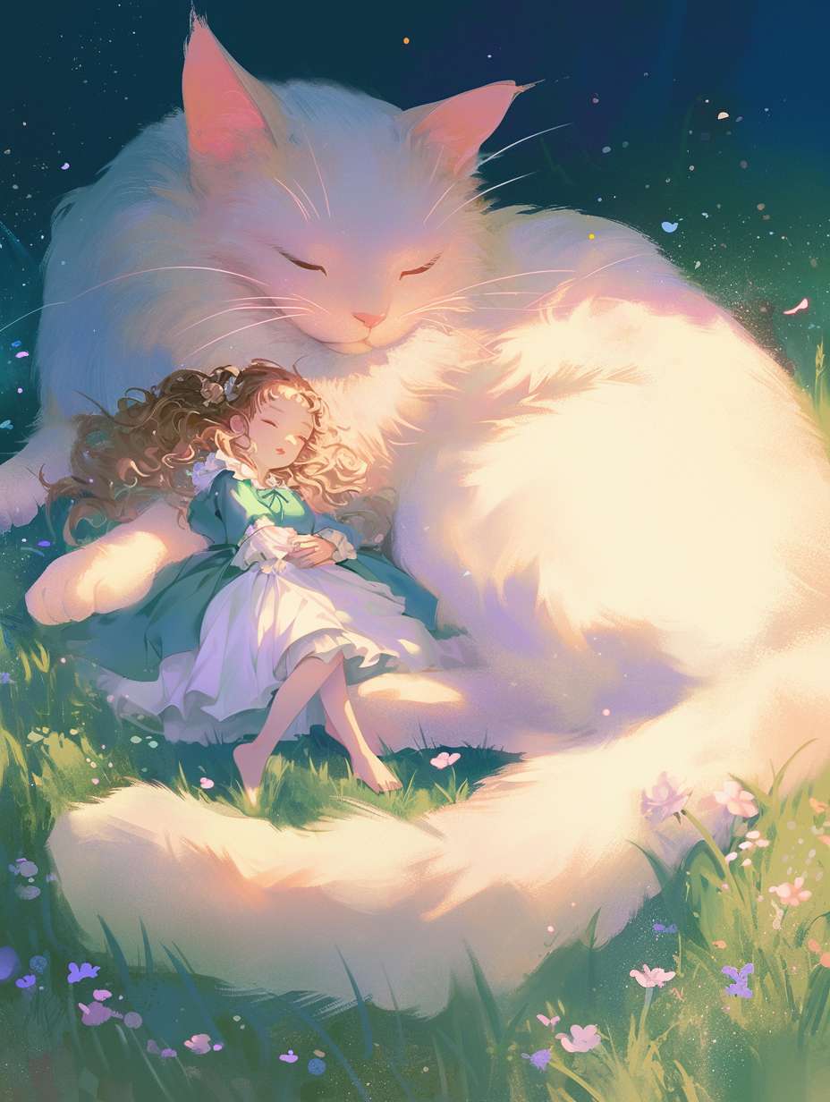 hsiao - ron cheng,in the style of rococo pastel colors,At night,in a vast green grassland, the wind blows through the grass and the grass is rolling like waves. A girl is lying on a very very huge cat. A super huge white cute cat, there is a warm lamp next to the girl and the cat, which illuminates the girl and the cat, mysterious imagination, beauty, in a wilderness grassland, the wind blows down the grass, there are blooming roses in the grass, the contrast between light and dark is strong, the mood is Happy and relaxing, exquisite details, macro lens, large panorama --ar 3:4 --stylize 100 --fast --niji 6