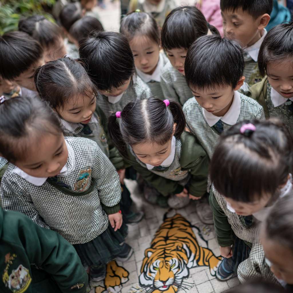 一班小六穿校服的學生們在校園裡圍成一個半圓形，以卡通的風格展示穿山甲、老虎、水獺、熊貓、飛鼠、龜等等的瀕危物種，讓學生們一起將積木併上瀕危動物圖案上 --ar 1:1 --v 7 --stylize 100 --fast --no 水印