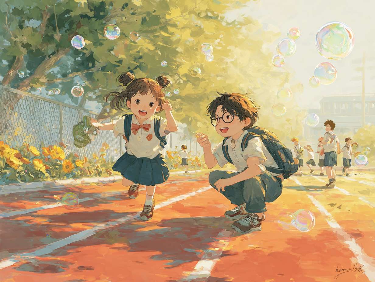 场景:晨雾初散的校园操场,阳光透过香樟树间隙洒在红色跑道上,形成斑驳光斑。
人物:扎着高马尾的女生正在跳绳,发梢扬起细碎金芒;戴眼镜的男生单膝跪地,指尖轻触跑道上爬行的蚂蚁,嘴角带笑;远处一群学生围成圈,将课本顶在头上玩平衡游戏,校服裙摆和衣角在风里轻轻扬起。
象征元素:跑道边绽放的向日葵(花盘转向阳光)、空中飘着的彩色泡泡(折射七彩光晕)、树梢栖息的麻雀(扭头望向喧闹的人群)。
色彩与光影:主色调为暖橙色(朝阳)+ 清新绿(草坪),阴影处用淡金色勾边,人物皮肤泛着健康的红晕,体现“如阳光般蓬勃”的生命力。
意境关键词:动态的活力(肢体语言)、对世界的好奇(微观观察)、集体游戏的纯粹快乐。
画风要求写实运动 --ar 4:3 --v 7 --stylize 100 --fast --no 水印