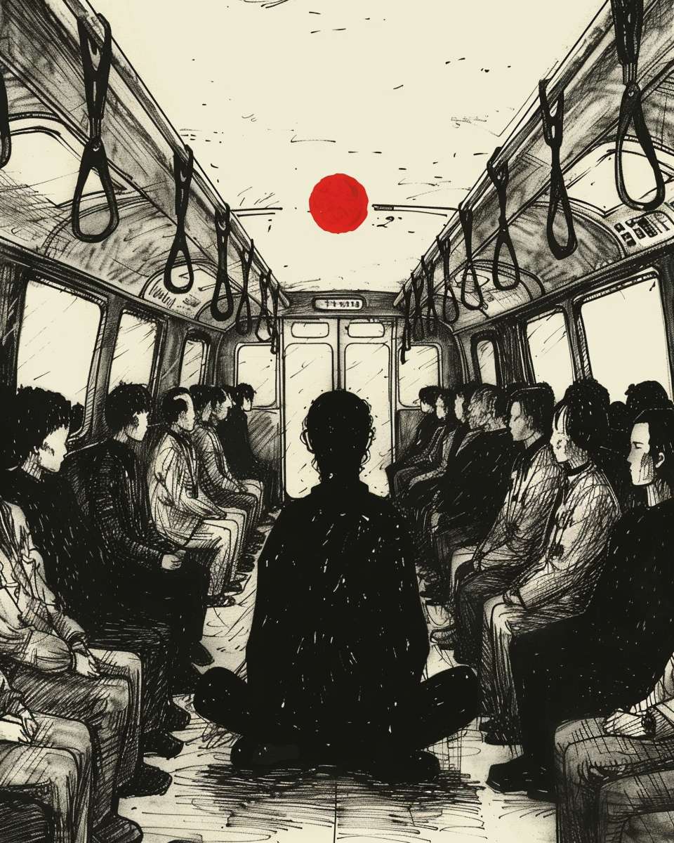 Chinese ink style, crowded subway with empty space where a person meditates, black and white with single red dot, no text, no faces, Zen atmosphere --ar 4:5 --v 6 --stylize 100 --fast