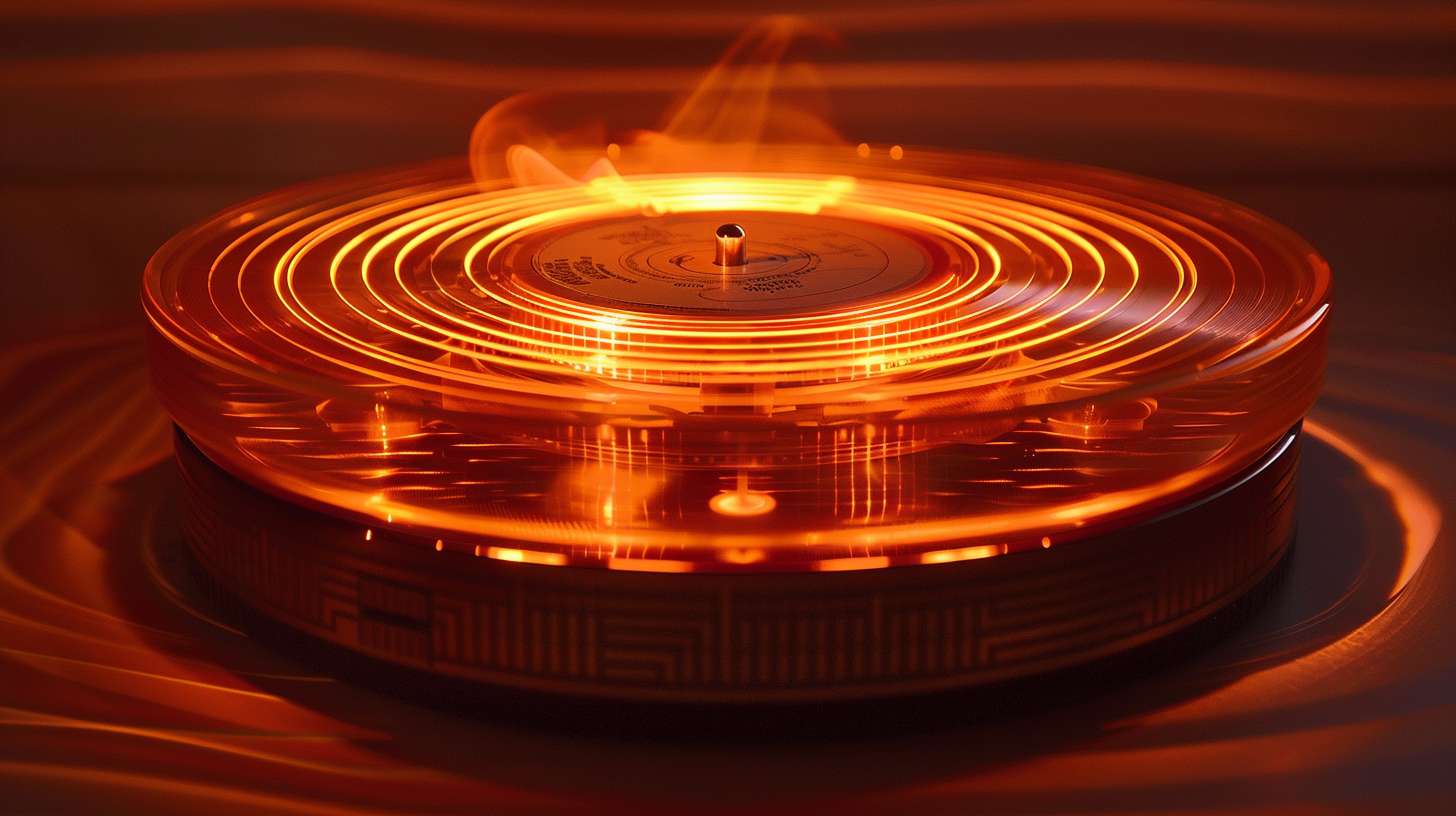 Vintage projector with a built-in Bluetooth speaker, projecting a glowing vinyl record visualization with sound waves, warm orange and cream tones, retro-futuristic --ar 16:9 --v 6 --stylize 100 --fast