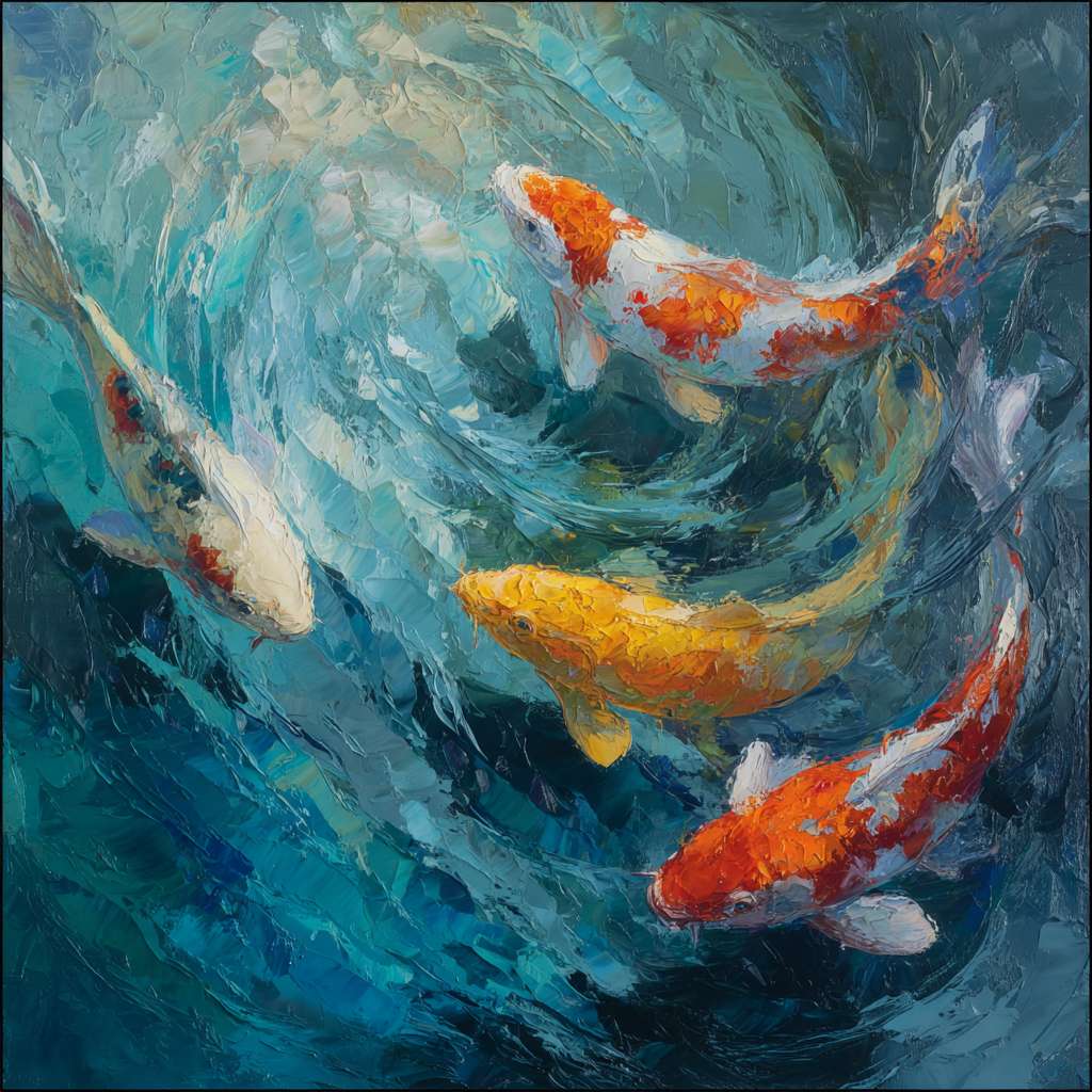 Dynamic blue sea with swirling light and swimming koi, brushwork blending loose and detailed styles, lively energy, abstract oil. --ar 1:1 --v 7 --stylize 100 --fast