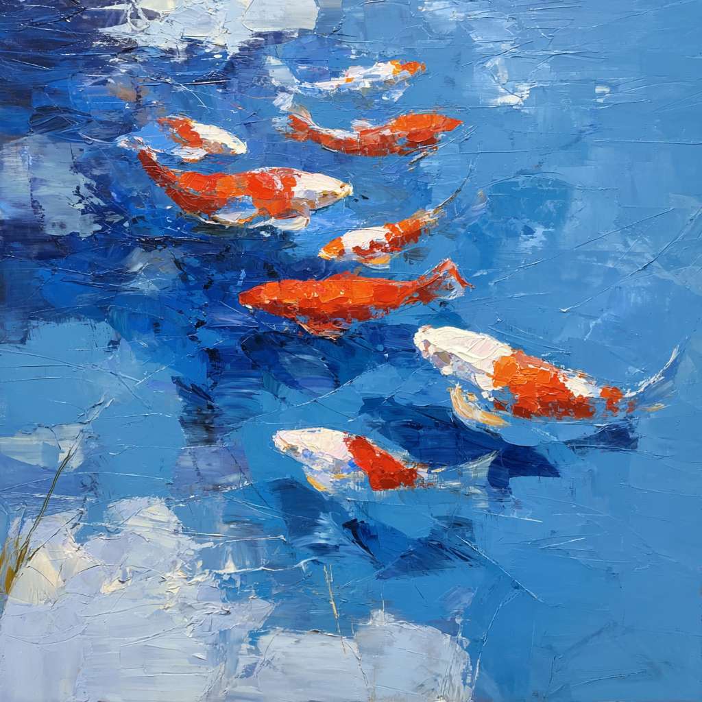 Dreamlike blue water with fractured light and agile koi, expressive brushwork capturing water’s flow and fish’s vitality, oil. --ar 1:1 --v 7 --stylize 100 --fast