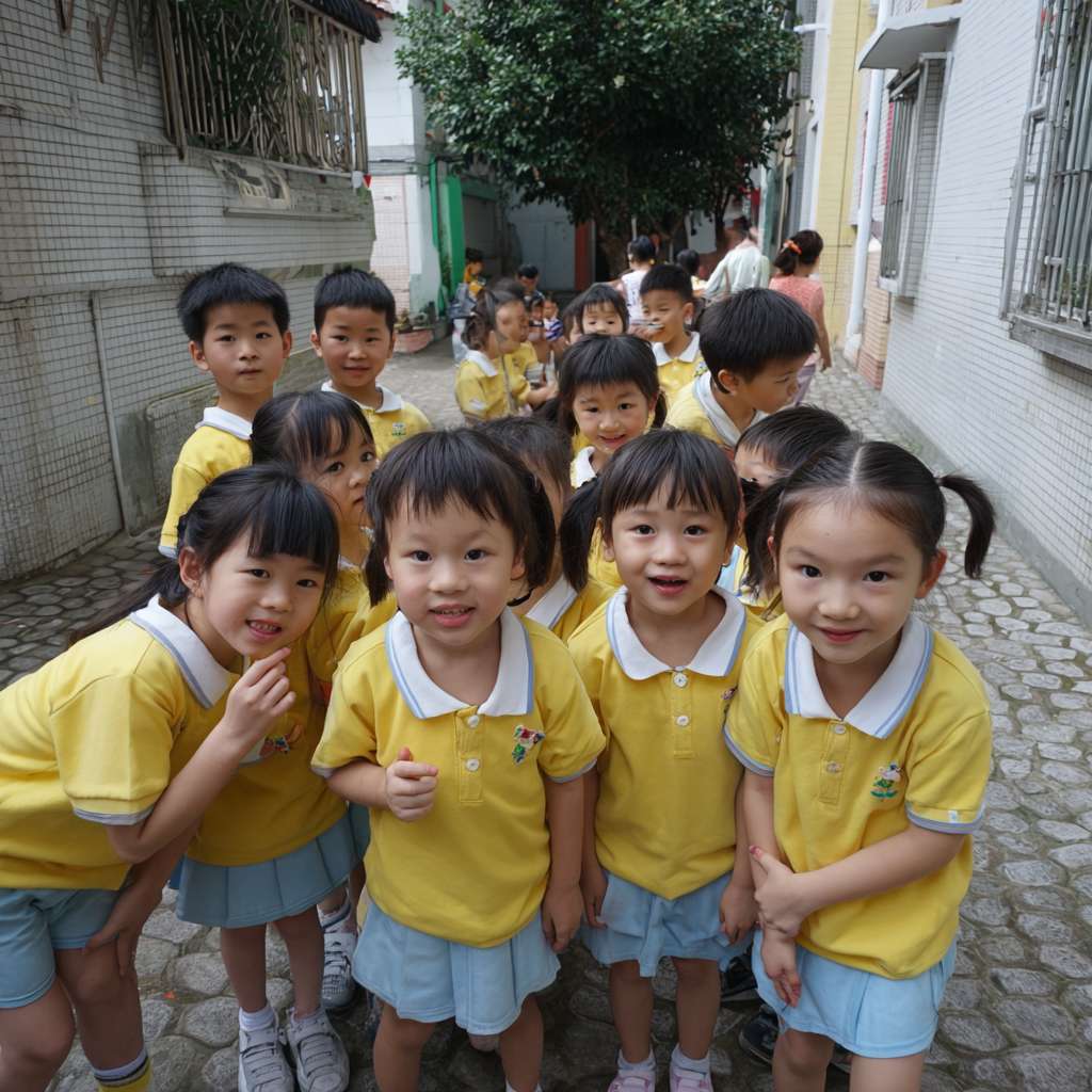 一班小六穿校服的學生們在校園裡圍成一個半圓形，以卡通的風格展示穿山甲、老虎、水獺、熊貓、飛鼠、龜等等的瀕危物種，讓學生們一起將積木併上瀕危動物圖案上 --ar 1:1 --v 7 --stylize 100 --fast --no 水印
