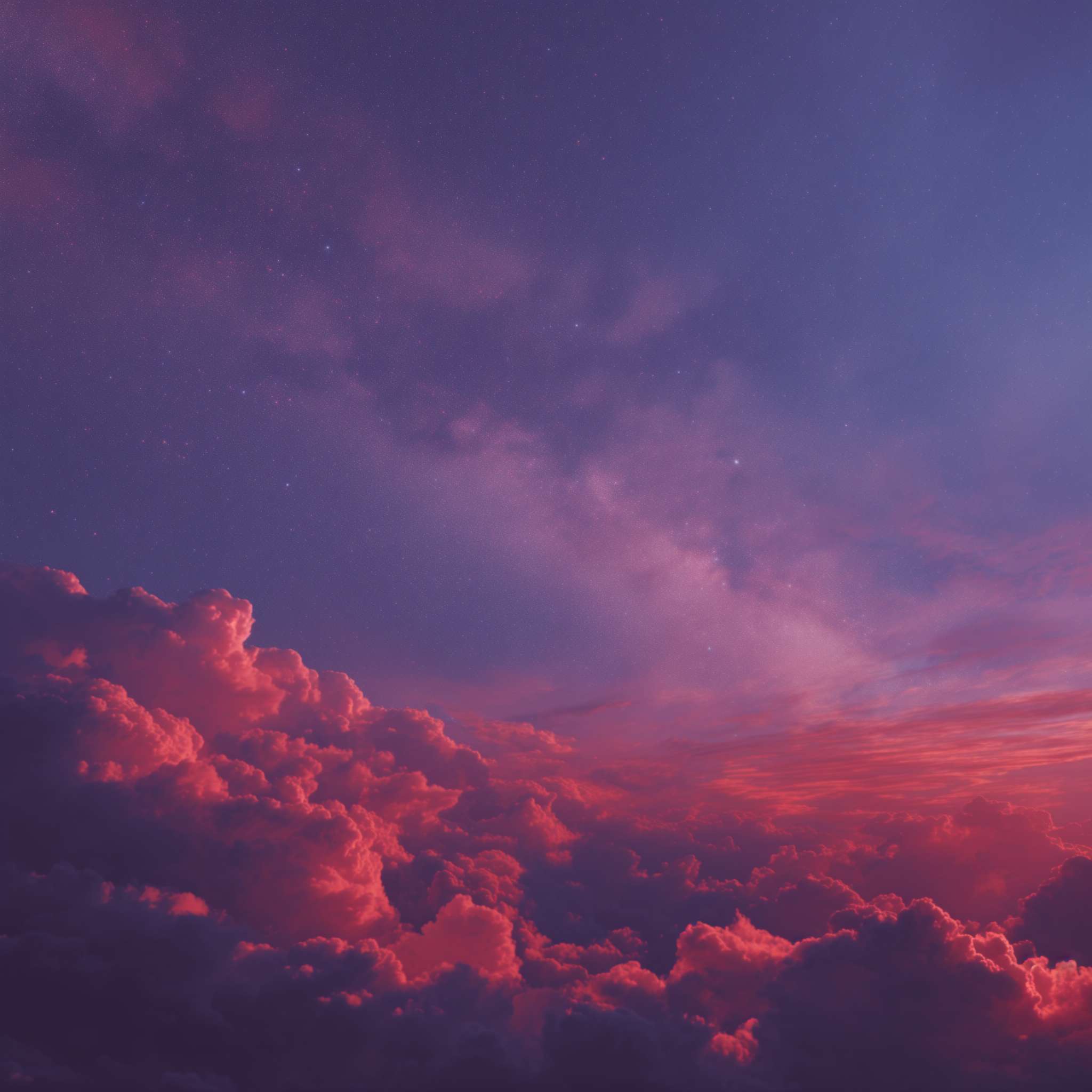 生成一张天空链接星空的图片，有红紫色的晚霞，蓝色的天空。 --ar 1:1 --v 7 --stylize 100 --fast --no 水印