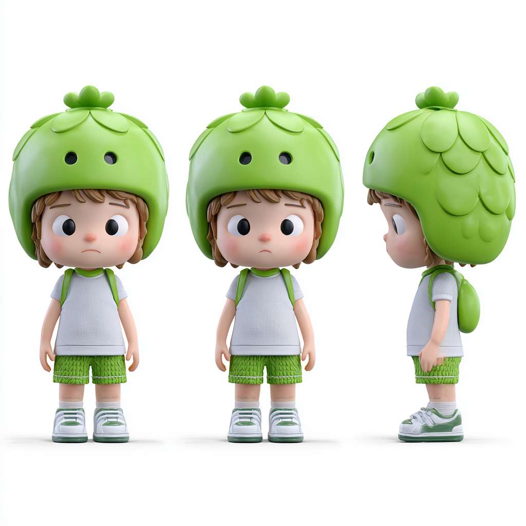 super cute boy IP by pop mart,mockup, blind box toy,He wears his iconic Green Grape helmet, Handsome street dress, Full of trend, 32K UHD, vivid facial expressions,three views, generates three views, i.e., front view, side view, and back view, maintains consistency and unity, white background, 8K, 3d render, oc render, best quality --ar 1:1 --v 7 --stylize 100 --fast