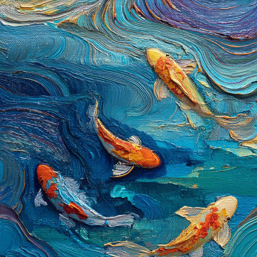 Surreal koi in blue water amid 五彩光影，thick impasto for water, thin lines for fish, oil. --ar 1:1 --v 7 --stylize 100 --fast --no 水印