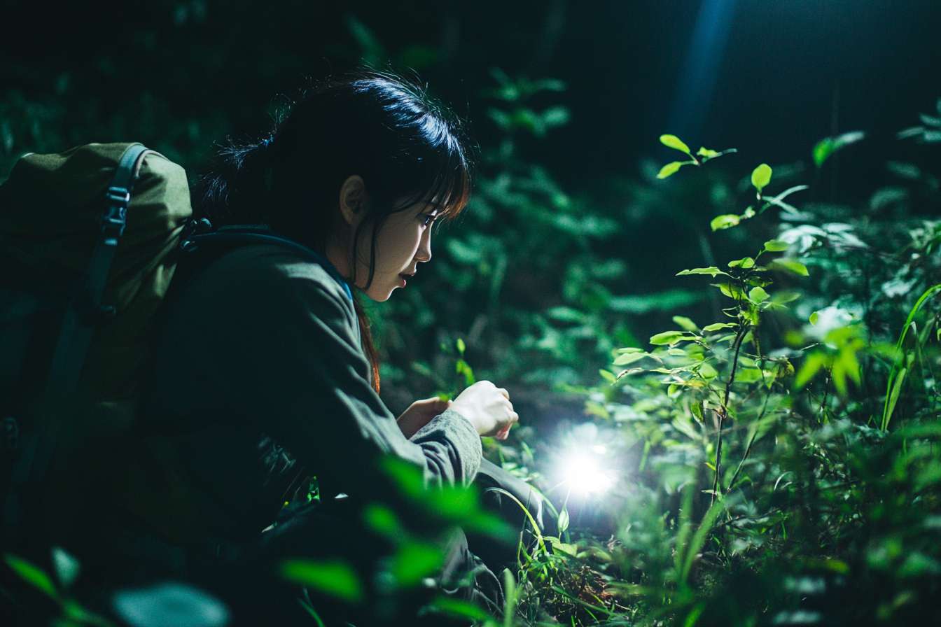 做一張亞洲青年人晚上在森林中探索大自然的遠境相片，可以只見到側面或背面 --ar 3:2 --v 6.1 --stylize 100 --fast