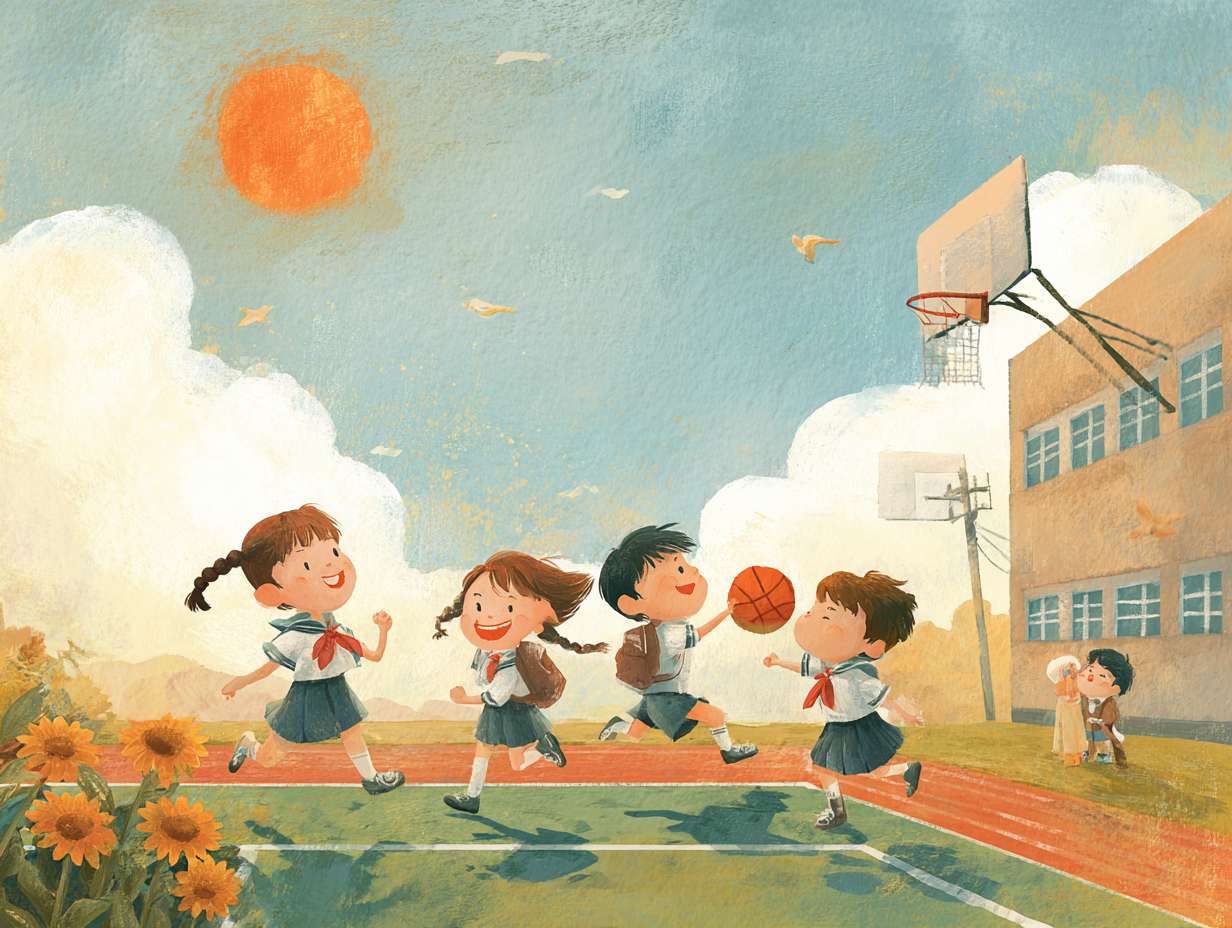 五年级·朝气如阳:
场景:夏日清晨的小学操场,阳光从画面左上斜射下来,形成金橙色的光束。
元素:
前景:3-4个五年级孩子在草坪上奔跑,扎马尾的女孩红领巾被风吹得飘成弧状,男孩抱着篮球跃起来,指尖碰到阳光;旁边有个蹲在地上的孩子,正用手指拨弄开得正艳的向日葵(花盘朝向太阳,花瓣上沾着微小的露珠)。
中景:绿色的塑胶跑道上,有孩子在跳跳绳(绳子模糊成浅粉的弧线),旁边的单杠上挂着校服外套,衣角随风动。
背景:淡蓝色的天空飘着像棉花糖的白云,云边被阳光染成橘红;远处的教学楼墙面是浅黄,窗户反射着光,隐约能看到走廊里的绿植。
色彩:主色调是暖黄(阳光)、草绿(草坪)、浅蓝(天空),点缀橙红(红领巾、向日葵花瓣)、粉白(跳绳、云朵)。
光影:所有物体都有短而清晰的影子(因为上午的阳光不烈),草叶上的露珠反射小光斑,向日葵花盘有明暗对比。
留白:画面下方1/3是平整的草坪(浅绿渐变到深绿),或天空的白云之间,适合放文字。 --ar 4:3 --v 7 --stylize 100 --fast --no 水印