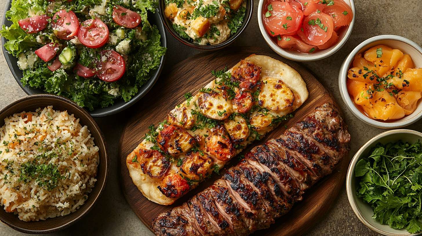 a flat lay of various dishes, including pizza and grilled meat with a smoothie on the side,placed against an isolated pastel beige background. the food is arranged on three white plates, on serving an omlet set against two wooden platters holding a slalad and fish fillet . there's also some pink honeycomble-shaped decorations on top. solt shadows and natural lighting create gentle light effects that highlight textures and colors. OC Renderer, photographed from above with cinematic lighting --ar 16:9 --v 6.1 --style raw --stylize 750 --fast