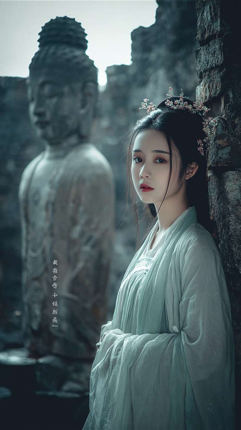 https://img-xpc-mj0.xpccdn.com/prod/upload/0848c7ae-1ee4-4394-87aa-9cb112a99c60/2-1.png~tplv-5yakomv5zn-auto-v1%3A1024%3A0%3Aq75.jpg 参考图片中的女人和佛像：一个身着飘逸青衣的绝美女子从破败的寺庙的佛像柱子后缓步走出，容貌清丽脱俗，眼神带着一丝哀愁。 --ar 9:16 --v 7 --stylize 100 --fast --iw 1 --no 水印