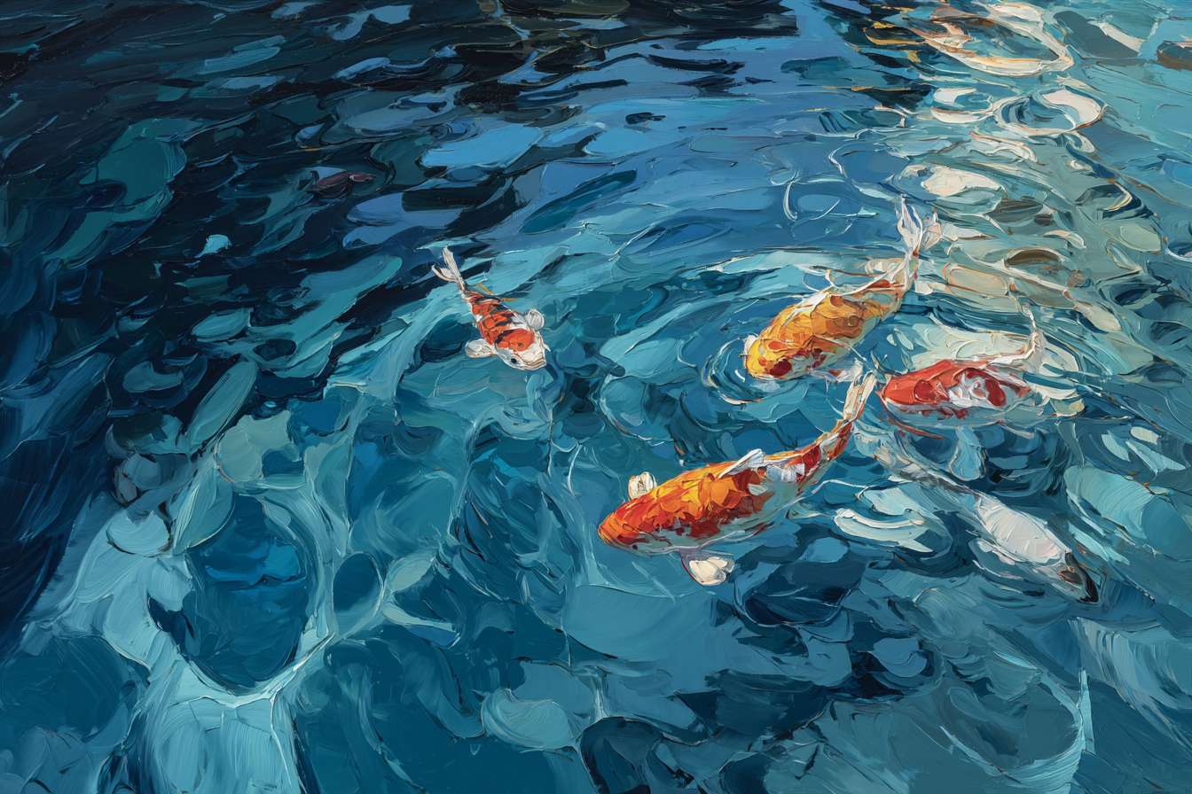 Dreamlike blue water with fractured light and gliding koi, expressive brushwork capturing light and flow, oil. --ar 3:2 --v 7 --stylize 100 --fast