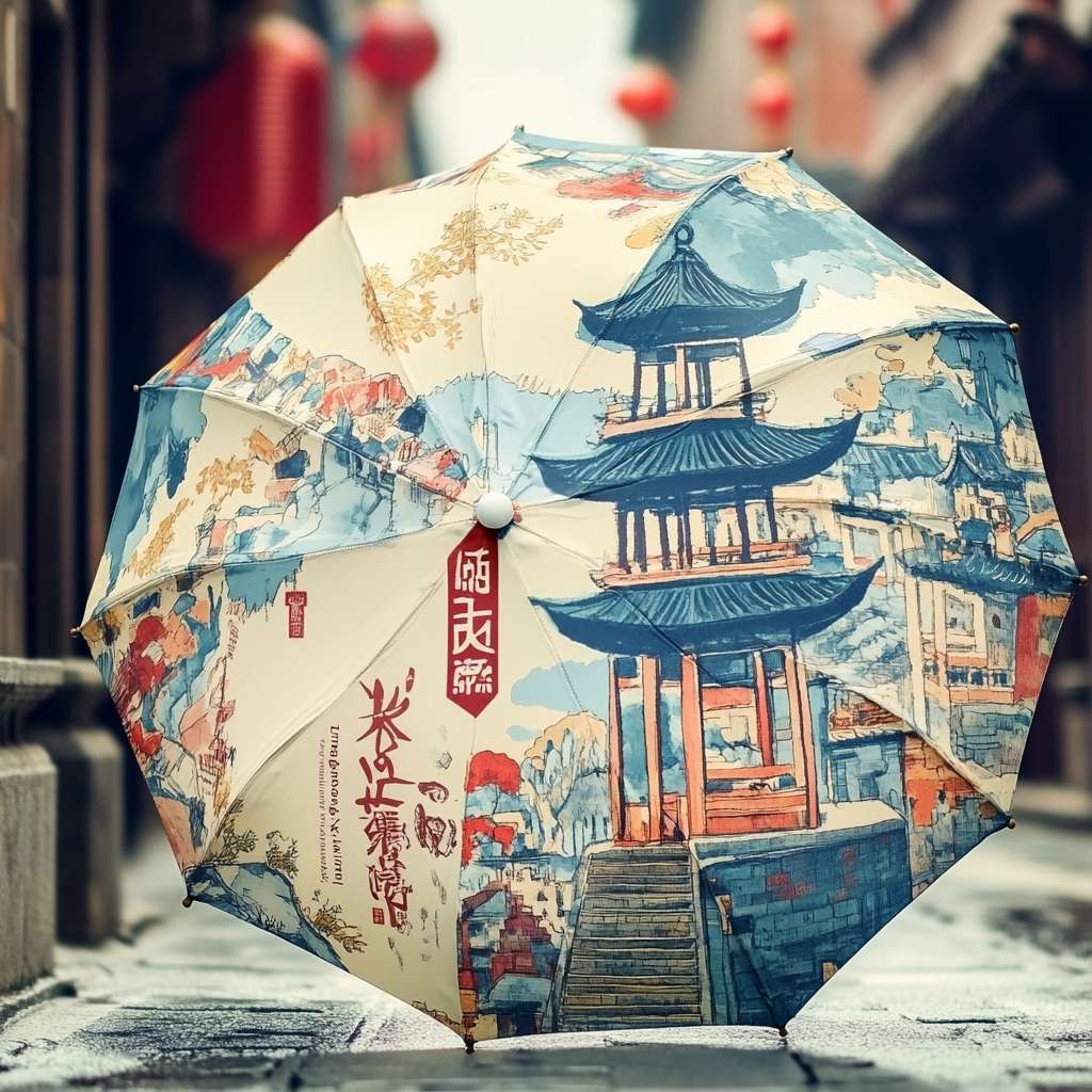 4. 包装解决方案
• 伞套：杜邦纸材质印刷《天工开物》插画，可展开作为海报
• 伞柄：磁吸式结构，倒置时可拼接成微型建筑模型（参考应县木塔榫卯）

5. 成本控制建议
• IP优先应用在伞面内侧（开伞时形成沉浸式视觉）
• 科技功能做模块化选配（基础款/智能款价格分层） --ar 1:1 --v 6.1 --stylize 100 --fast