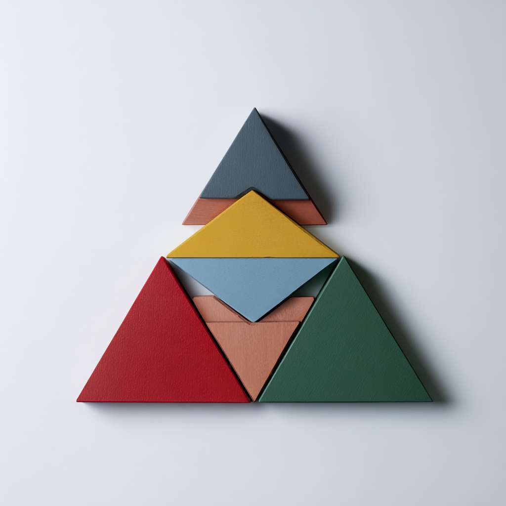 两个独立等腰三角形在下面，一个独立等腰三角形在上面，组成一个新的等腰三角形 --ar 1:1 --v 7 --stylize 100 --fast --no 水印