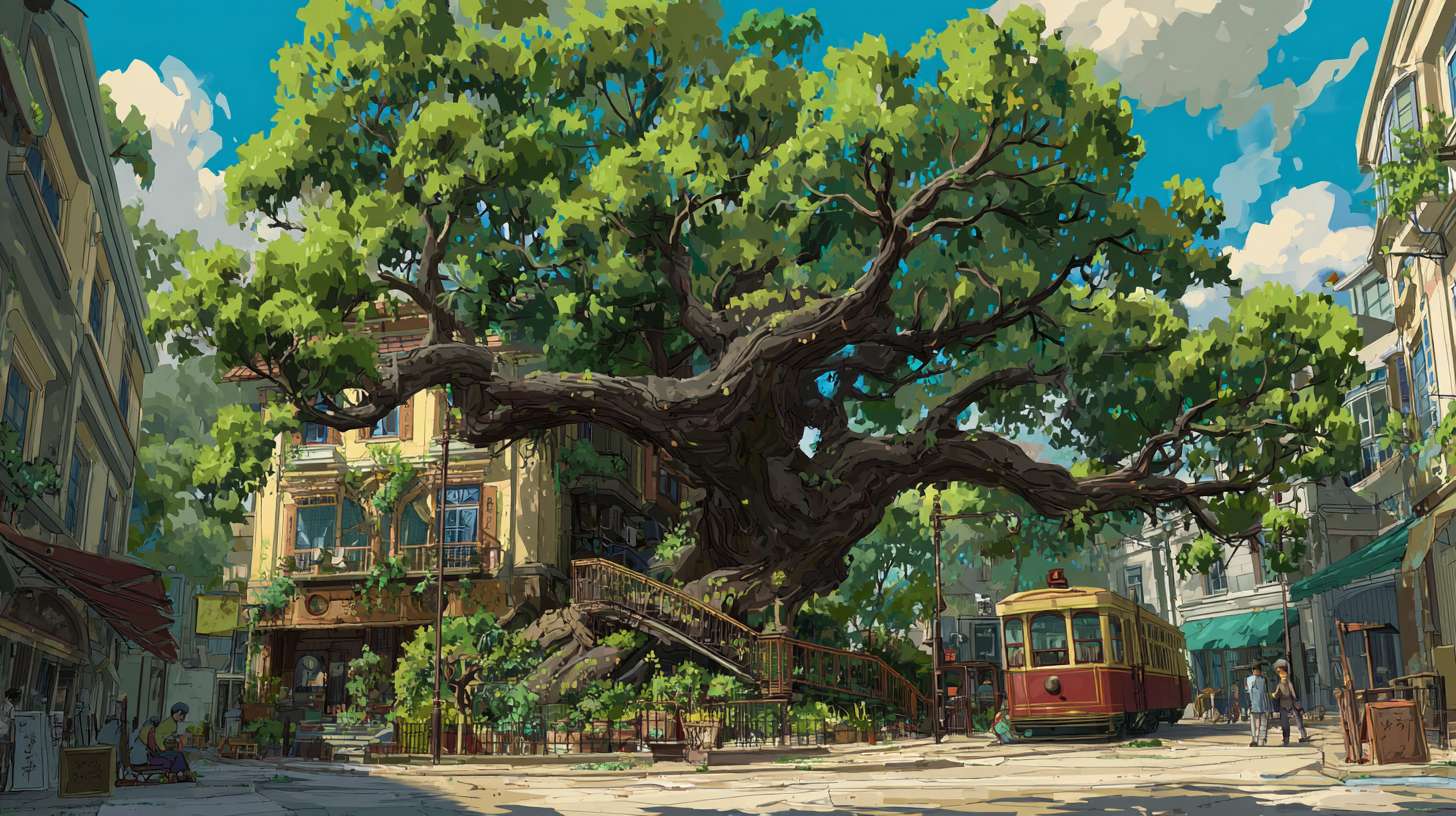 小区内的绿荫，有颗大树动画风格 --ar 16:9 --v 7 --stylize 100 --fast --no 水印