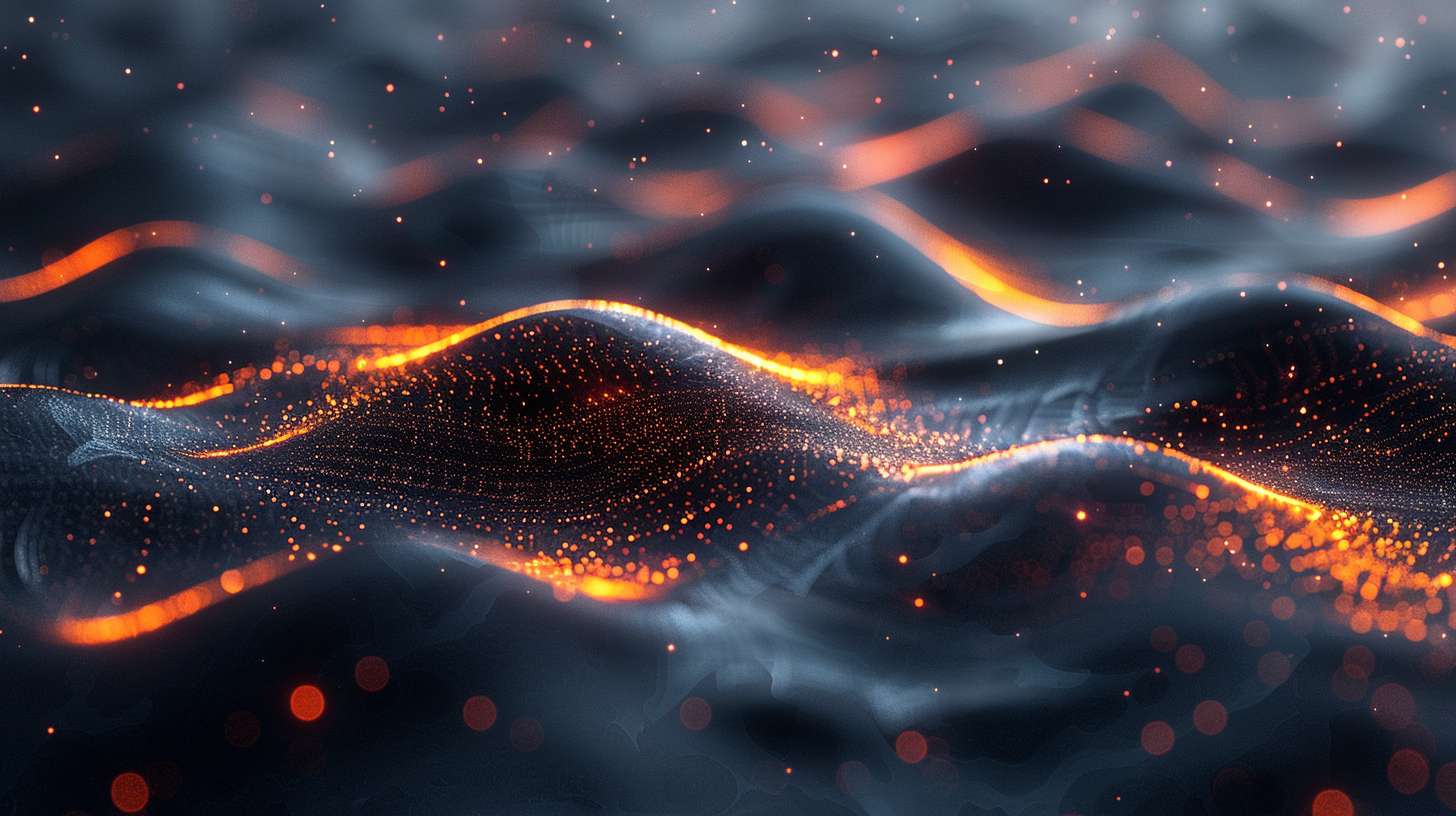 A minimalist music playback visualization in 1080P, floating abstract black sound waves on a smooth dark gray background, glowing orange audio peaks, sleek digital interface with no physical device, ultra-clean cyberpunk aesthetic, subtle particle glow, 3D render --ar 16:9 --v 6 --style raw --stylize 500 --fast