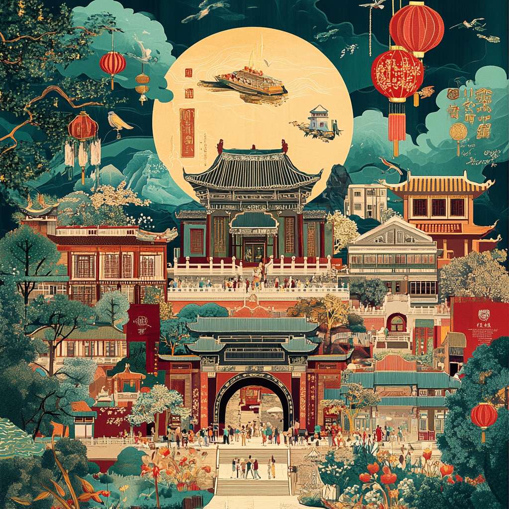集汕头小公园，汕头美食，英歌舞，潮绣，潮剧，剪纸，潮汕话为一体的汕头特色文化海报 --ar 1:1 --v 6.1 --stylize 100 --fast