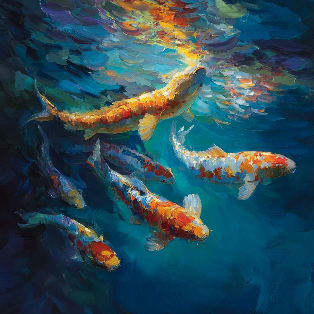 Vibrant underwater scene: blue water, 五彩光影，and dynamic koi, 粗笔触 for texture, 细笔触 for agility, abstract. --ar 1:1 --v 7 --stylize 100 --fast --no 水印
