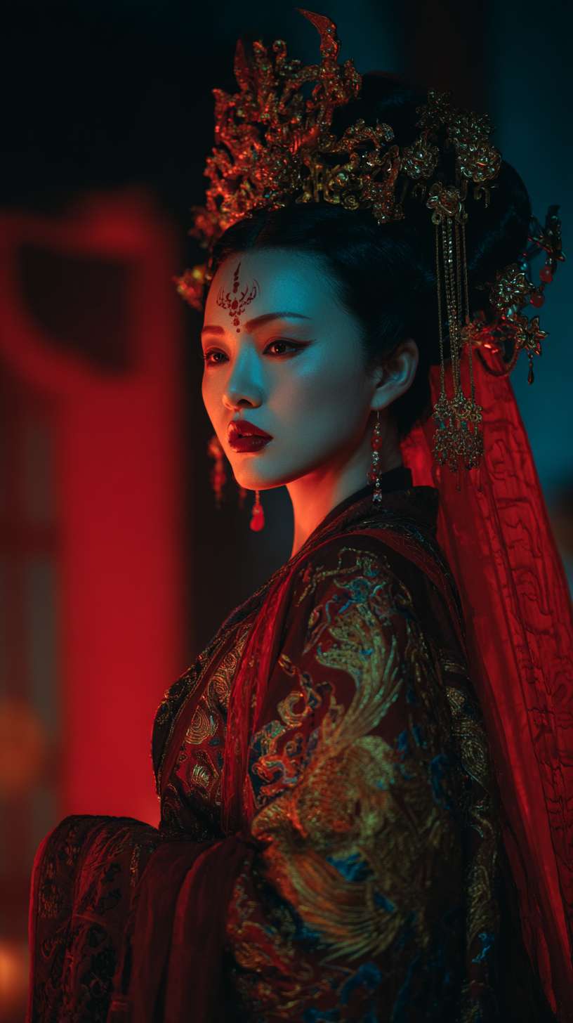 8K high - definition cinematic realism photography in Zhang Yimou's directorial aesthetic. In the authentic Shang and Zhou palace setting, concubine Daji commands attention through a dynamic pose: she twists her waist sideways, creating an S - curve silhouette with her twelve - chapter Shu brocade gown. The nine - tailed fox totem in golden thread undulates like living creatures under candlelight. A deliberate close - up emphasizes the demonic patterns at the corners of her phoenix eyes and the cinnabar mole on her forehead, with her parted lips revealing glinting teeth. Cool blue light traces distorted demonic shadows on the ground, contrasting sharply with the warm red walls. The background is simplified to a single white marble dragon pillar and a floating bronze jue cup, with blood mist appearing only as accents on the hem of her skirt. All visual elements use radial composition to direct focus to the golden triangle from her neck to hips. --ar 9:16 --v 7 --stylize 100 --fast