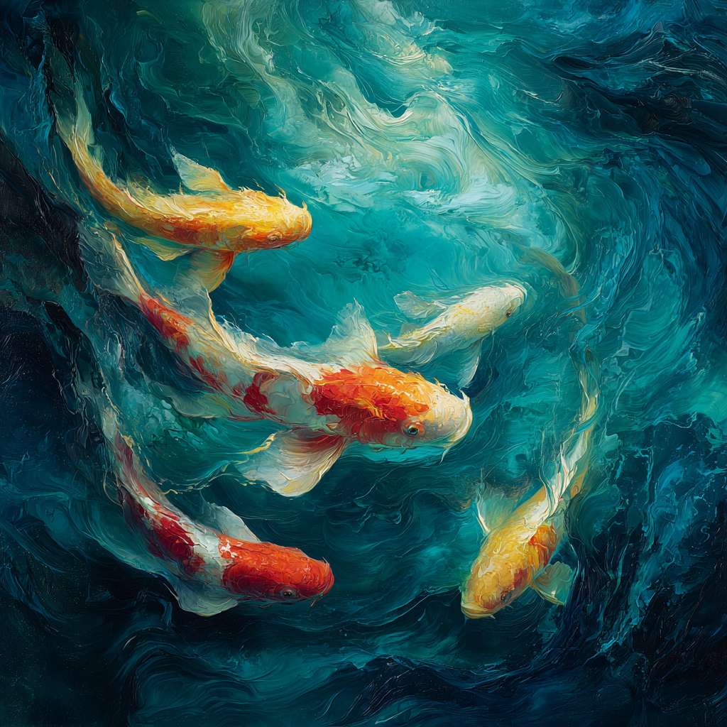 Dynamic blue sea interlaced with 五彩光影，koi gliding through swirling water, brushwork blending abstraction and realism, abstract oil. --ar 1:1 --v 7 --stylize 100 --fast --no 水印