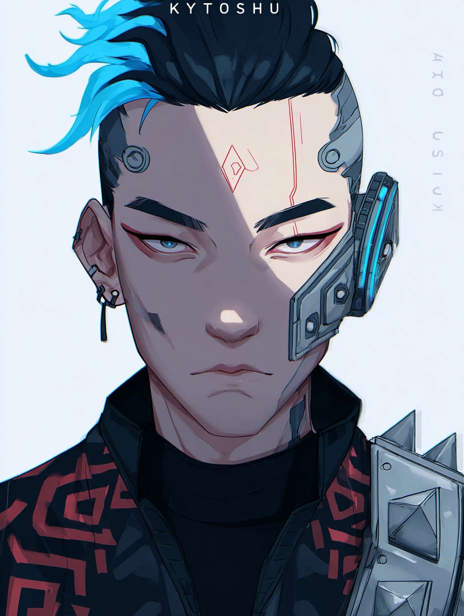 绘制一个男生的正面全身图要求如下头部设计：保留哪吒标志性的 “火焰感” 发型，黑色短发中挑染三缕明亮的蓝色火焰发丝，额前发丝微微上翘，模拟火焰飘动形态。左侧太阳穴处有一道银色机械接口，平时隐藏在发丝下，战斗时会弹出蓝色能量纹路，延伸至下颌。面部妆容简洁，仅在眼尾处用红色颜料绘制细小火焰图腾，眼神锐利，瞳孔在情绪激动时会泛出淡蓝色微光。
    上身设计：内搭黑色紧身速干衣，衣料上印有暗纹火焰图案。外覆银色分段式机械战甲，肩部装甲呈三角形，边缘有锯齿状设计（兼具防御与近战功能），装甲表面刻有红色古代符文（对应哪吒的 “混天绫” 元素。胸口是圆形能量核心，外层包裹透明合金罩，内部蓝色火焰状能量随呼吸起伏，核心下方印有 “云祥” 二字。双臂为可变形机械臂，，战斗时展开为银色机械结构，手掌心有凹槽，可凝聚火焰能量。
    下身设计：穿着黑色工装裤，裤腿侧边有拉链口袋，膝盖处装有黑色防撞护膝，护膝表面有蓝色电路纹路。腰部系着宽版黑色皮带，左侧挂着父亲遗留的摩托钥匙（金属材质，钥匙链是小型火焰吊坠），右侧挂着战术匕首（刀柄缠绕红色皮质绳，模拟混天绫质感）。脚部为黑色高帮机械战靴，靴底有防滑纹路，鞋跟处装有小型推进装置，靴筒外侧印有蓝色火焰标识。 --ar 3:4 --v 7 --stylize 100 --fast --no 水印