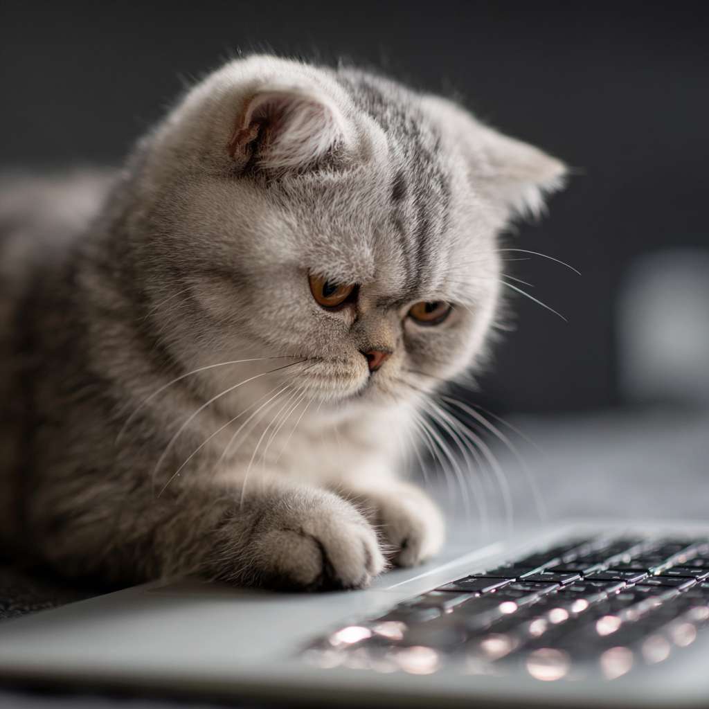 一只美国短毛猫，表情严肃，用两只爪子在一台发光的键盘上胡乱敲打，照片级真实感，4k，细节生动，滑稽可爱 --ar 1:1 --v 7 --stylize 100 --fast --no 水印