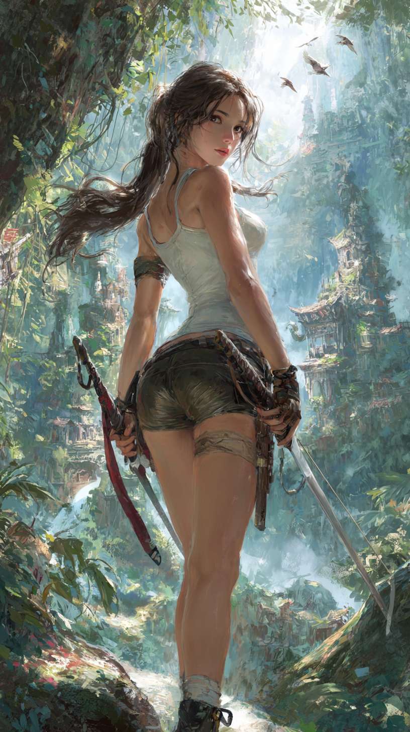 亚洲美少女身穿无袖连体紧身短皮装，皮肤白皙，大长腿着短靴，及腰长发随风飘扬，手持短剑，身背长剑，在热带雨林，背景宏伟的失落城市，飞行的鸟，树上挂着小青蛇，阳光从树叶的缝隙中射到地面。 --ar 9:16 --v 7 --stylize 100 --fast --no 水印