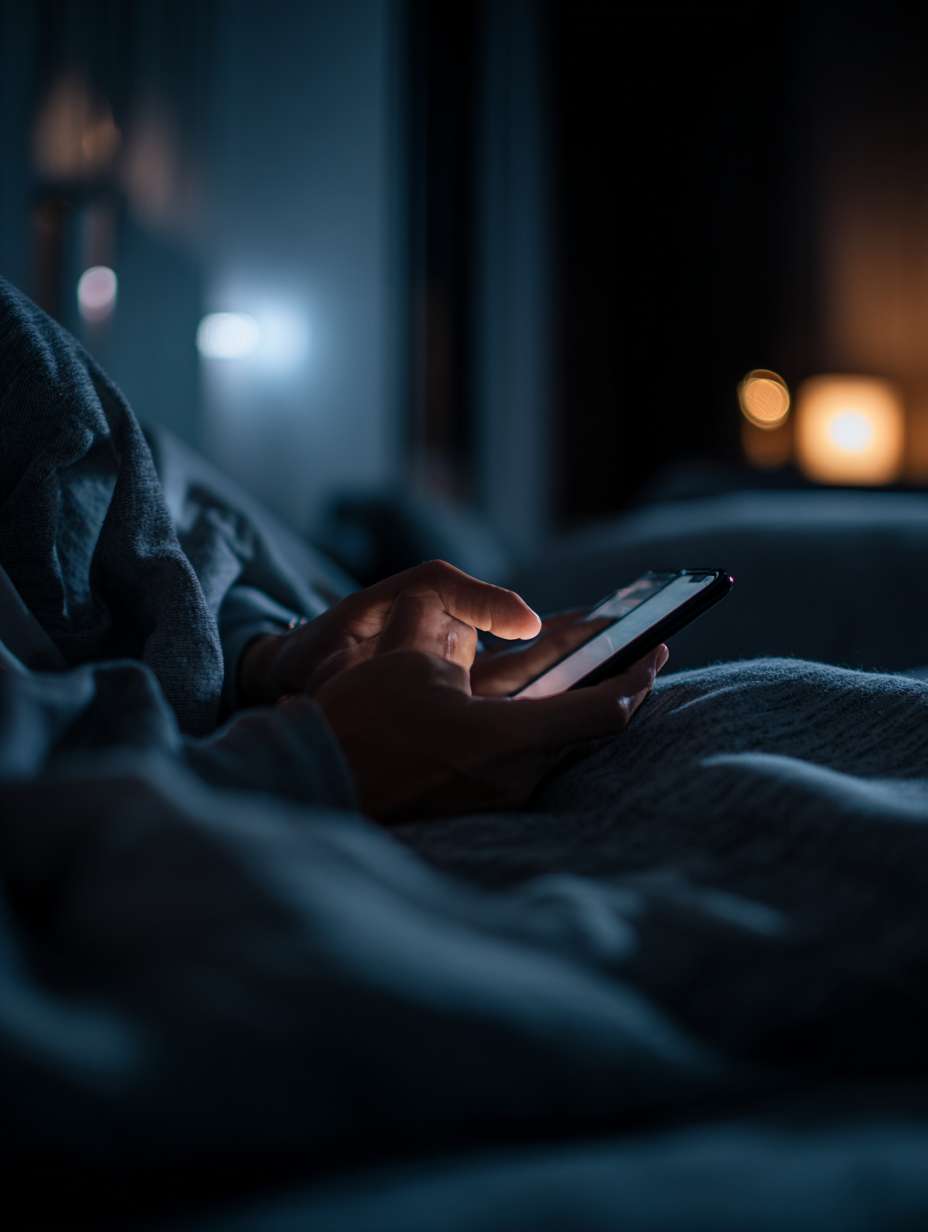 特写：深夜手机屏幕亮着，一只手烦躁滑动，背景是黑暗的房间（冷色调：灰蓝）比例 --ar 3:4 --v 7 --stylize 100 --fast --no 水印