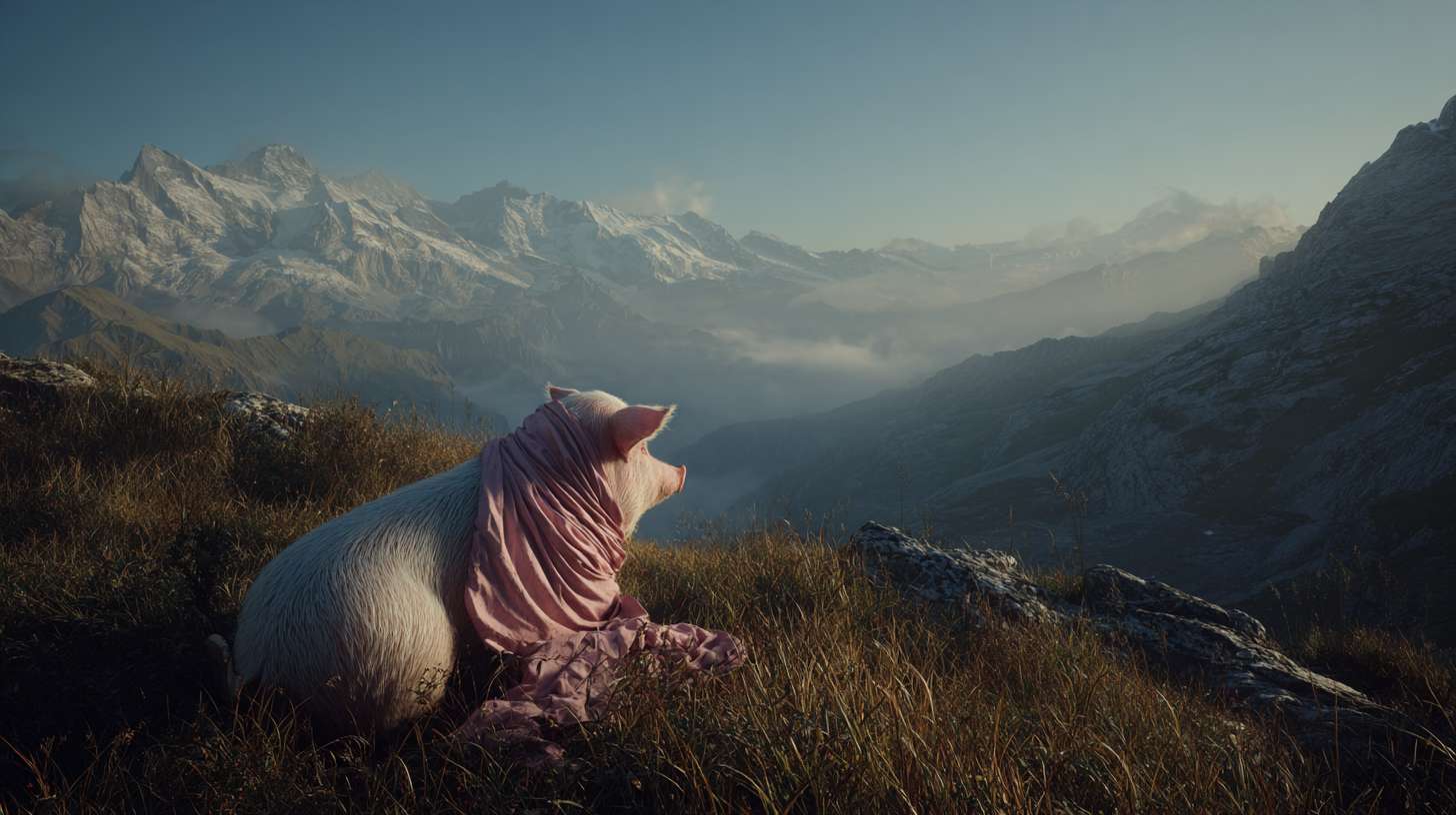 Photorealistic cinematic image，A pale pink pig on the grass next to the mountaintop, facing away from the camera,it also it's a scarf around it head, which is partially covering it face, giving her a mysterious look.Overall, these images convey a sense of desolation and grandeur, possibly telling a story about adventure, and emotional expressions all suggest that this may be a work with a strong narrative and visual impact,with a rocky mountain range behind it, and fog connecting the mountain range, full of warm colors and ultra high definition real materials，Ultra wide view shot， highly detailed photo. --ar 16:9 --v 7 --style raw --stylize 100 --fast