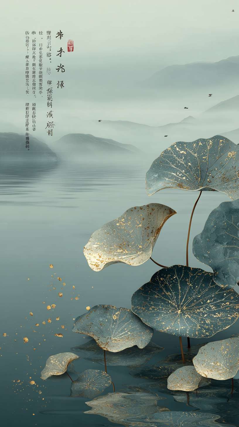 主体用 30° 斜角微距呈现半枚海鸭蛋，青灰渐变蛋壳带细小结晶体光泽，营造潮汐冲刷的天然肌理；
背景以晨雾为底，缀淡金霞光、潮汐波纹与叶片剪影，强化朦胧意境；
采用 4:5 画幅不对称构图，左侧留白更多，文字以压纹工艺隐于画面，通过 “隐而未显” 的细节传递自然生长的高级感。 --ar 9:16 --v 7 --stylize 100 --fast --no 水印